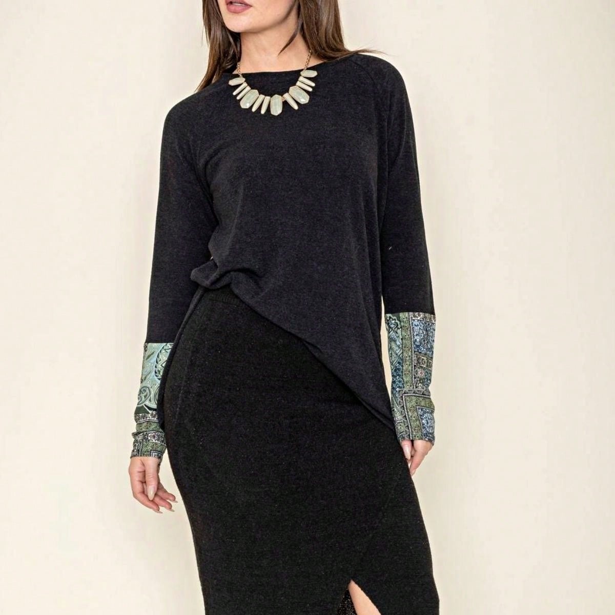Boho Retro Solid Color Side Slit Quarter Sleeve High And Low Raglan Pleated Back  Rayon Soft Top Shirt Blouse | Small-3 XL
