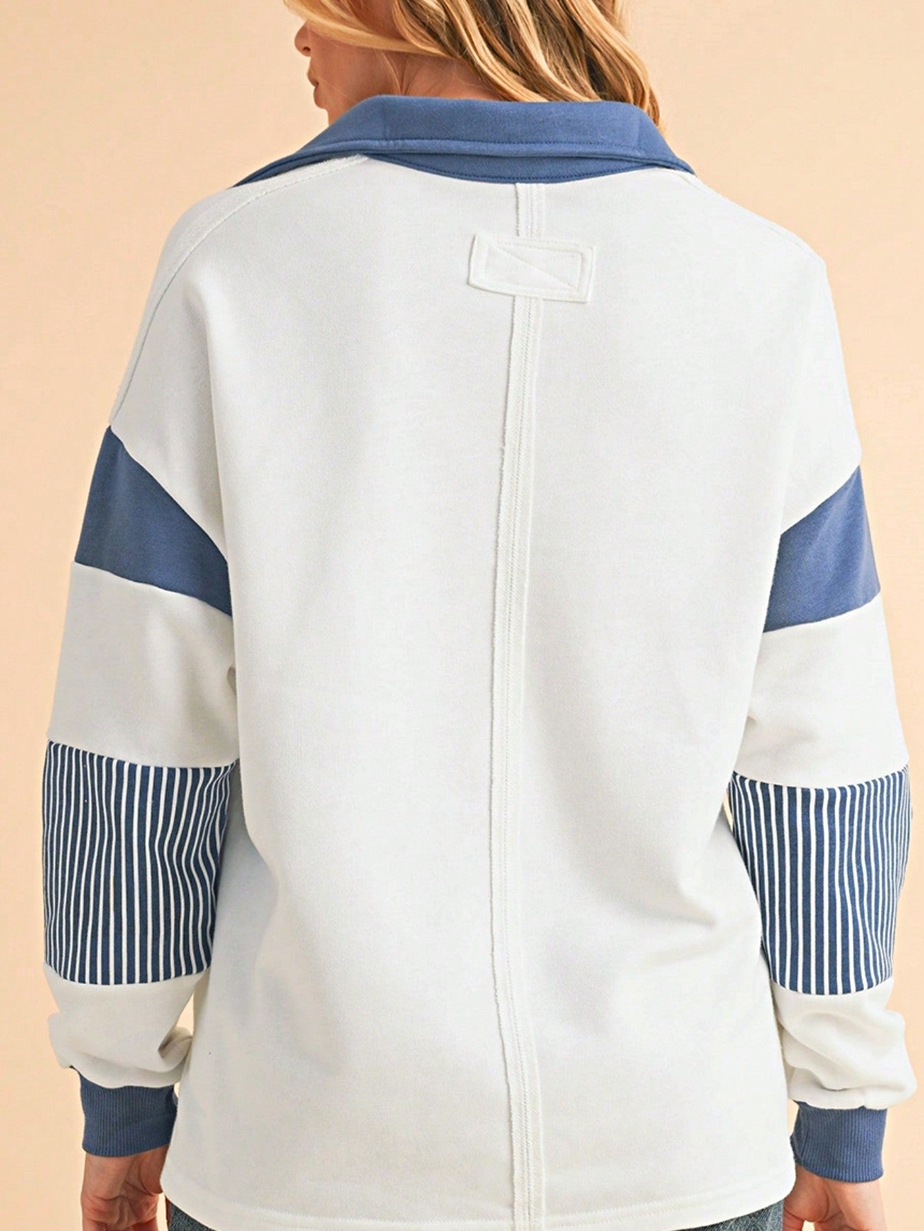 Boho Retro Vintage 90's Stripe Cotton Drop Shoulder Over Size V Neck Rugby  Preppy Shirt  Top Pullover Sweater