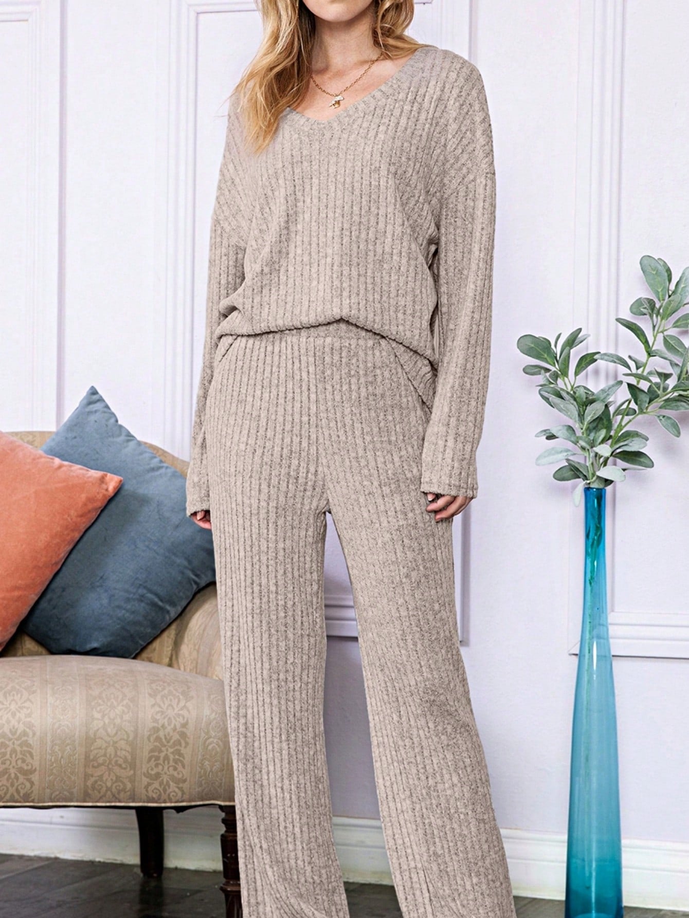 Boho Retro 60's Viscose Ribbed Knit Drop Shoulder Dolman V Neck Top & Pants Loungewear Set