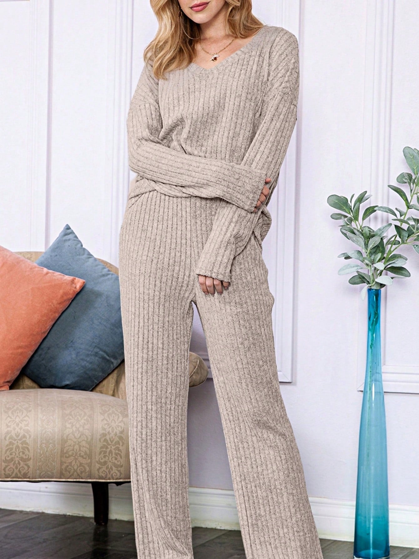 Boho Retro 60's Viscose Ribbed Knit Drop Shoulder Dolman V Neck Top & Pants Loungewear Set