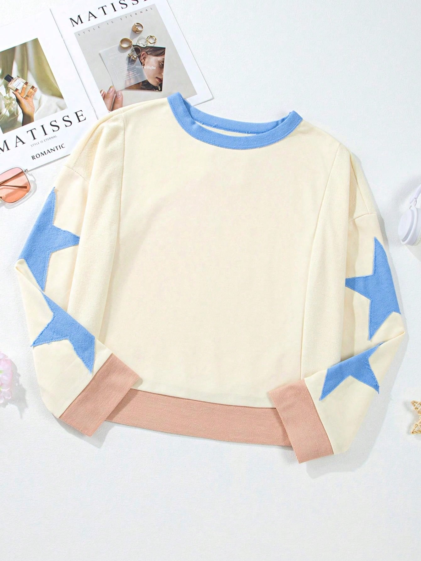 Boho Retro Cream Beige Vintage 90's Star Jean Patch Cotton Mix Long Sleeve Top Pull Over Dolman Sleeve Sweatshirt Pullover