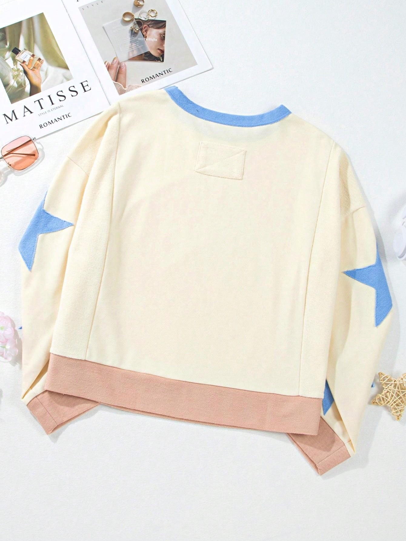 Boho Retro Cream Beige Vintage 90's Star Jean Patch Cotton Mix Long Sleeve Top Pull Over Dolman Sleeve Sweatshirt Pullover