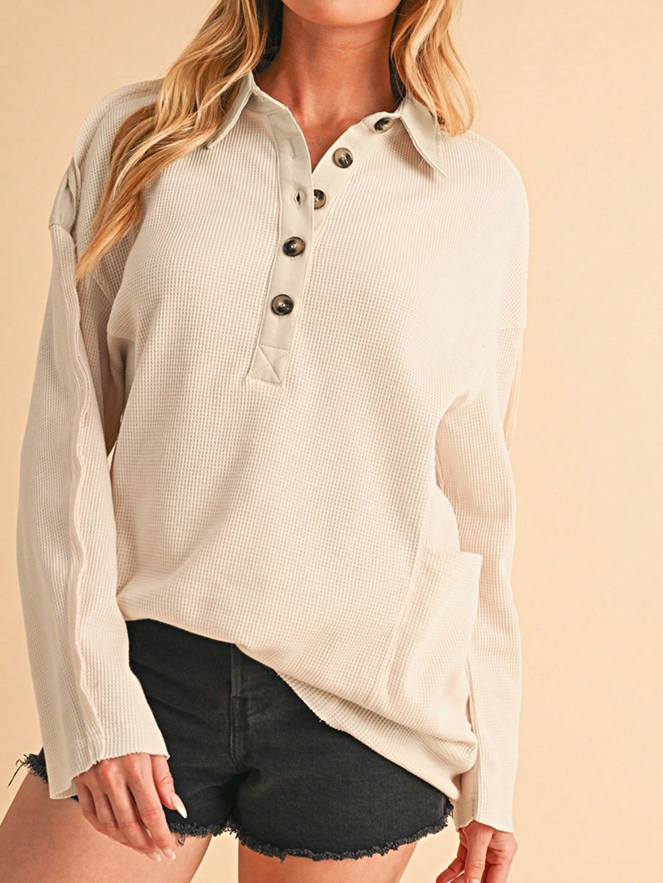 Boho Retro Vintage 90's Cotton Vanilla Beige Button Waffle Patchwork Long Pocket Sleeve Henley Knit Top Sweat Shirt Pullover