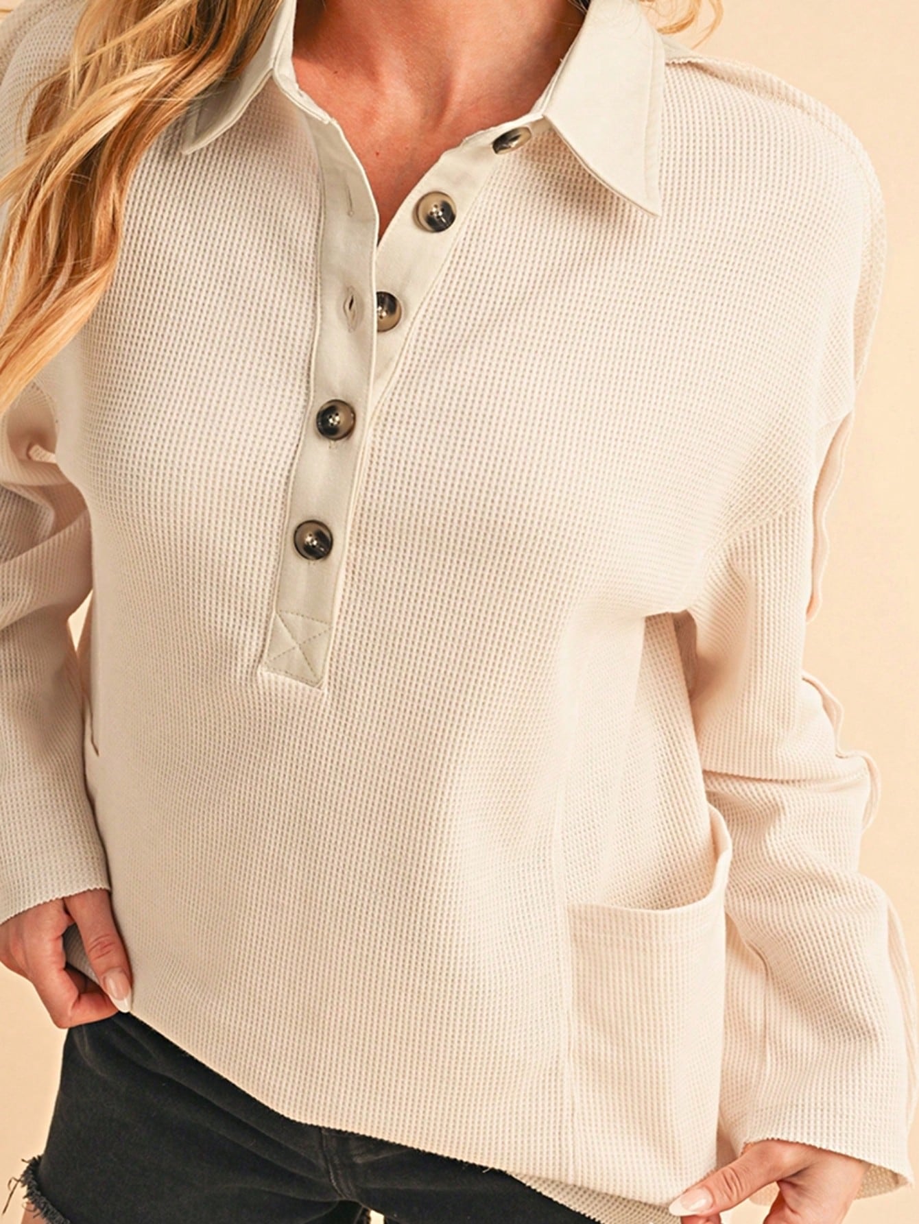 Boho Retro Vintage 90's Cotton Vanilla Beige Button Waffle Patchwork Long Pocket Sleeve Henley Knit Top Sweat Shirt Pullover