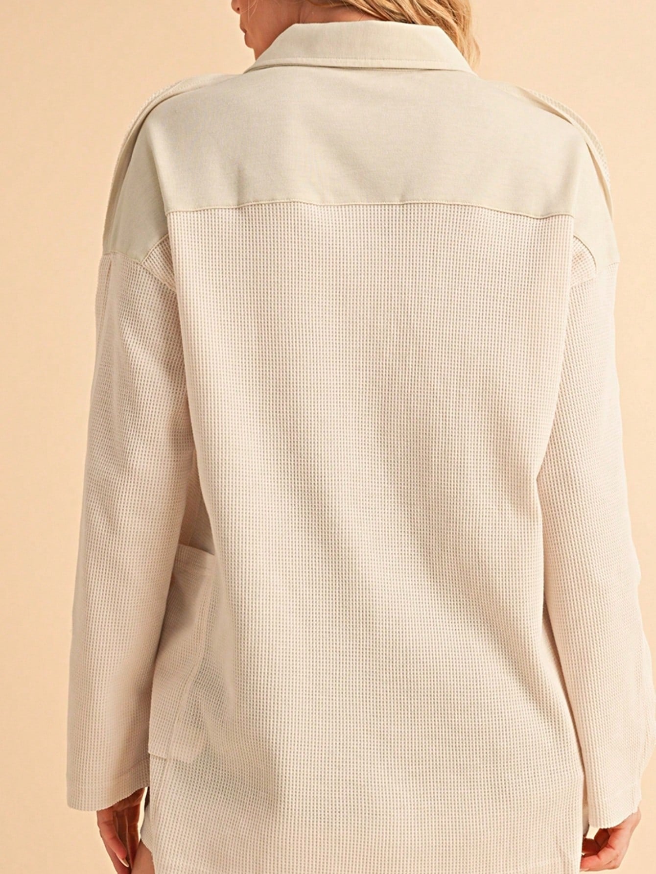 Boho Retro Vintage 90's Cotton Vanilla Beige Button Waffle Patchwork Long Pocket Sleeve Henley Knit Top Sweat Shirt Pullover