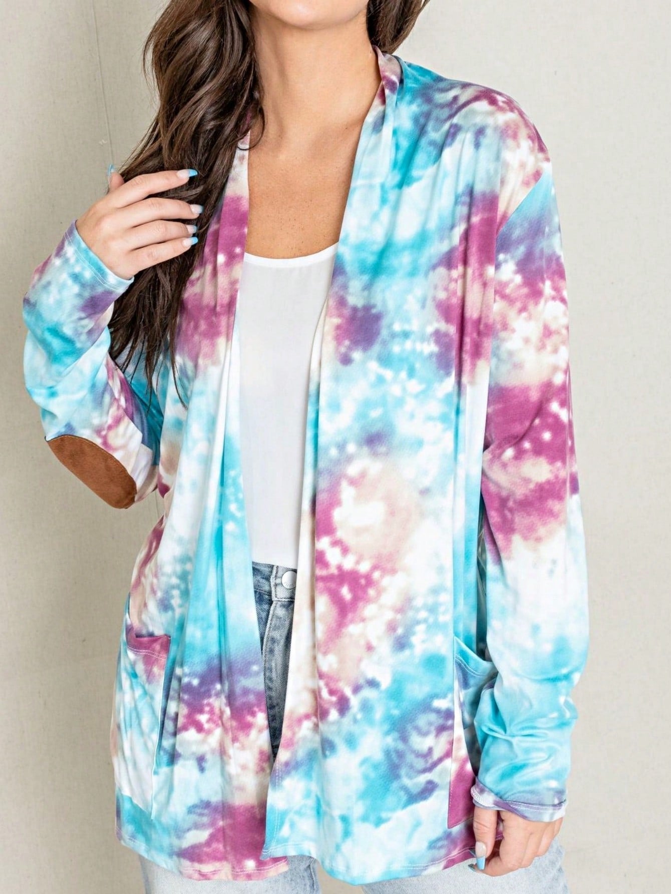 Boho Vintage 90's Plaid Stripe Tie Dye  Elbow Patch 60's Classic Slouch Cardigan With Pocket