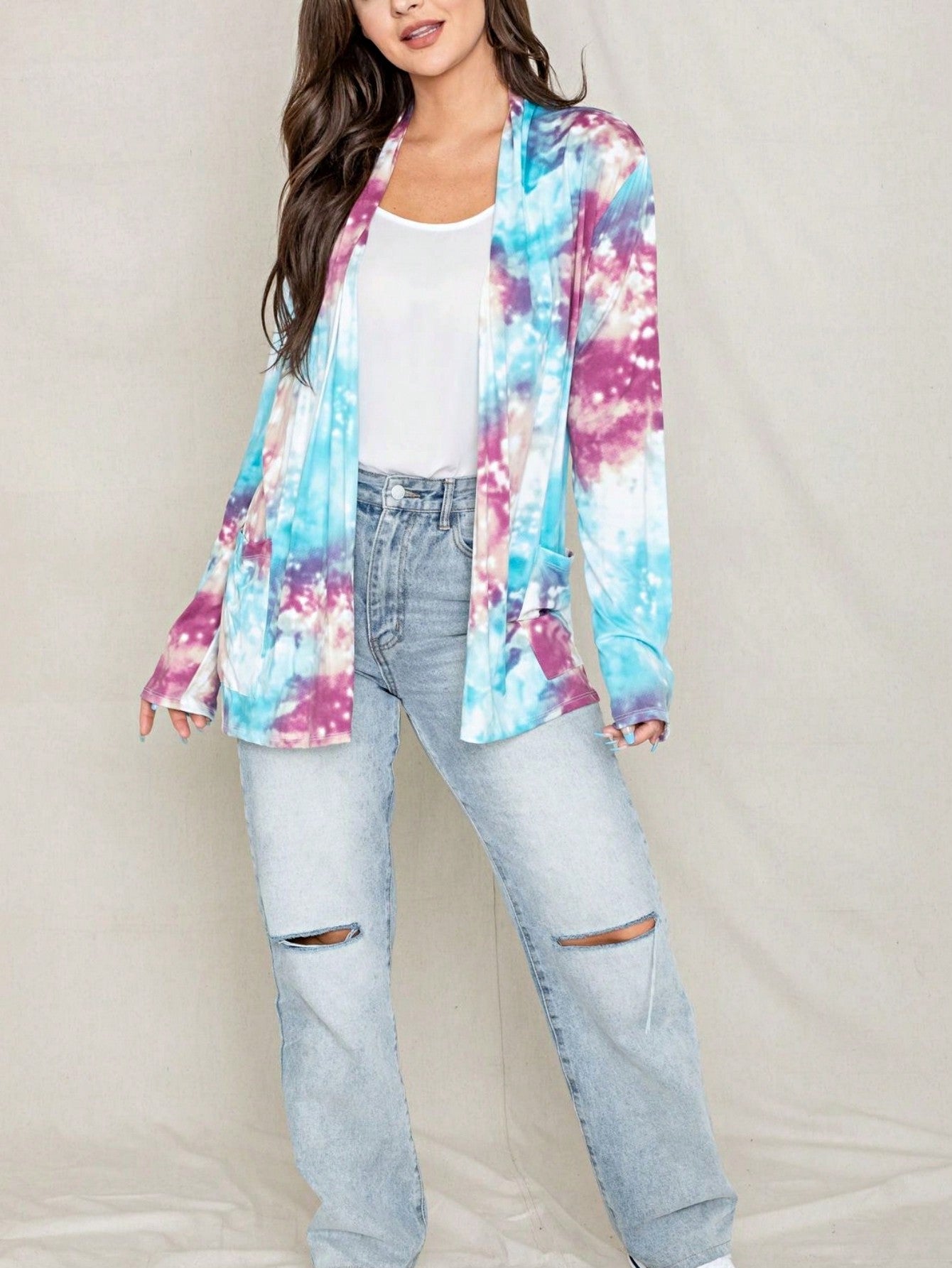 Boho Vintage 90's Plaid Stripe Tie Dye  Elbow Patch 60's Classic Slouch Cardigan With Pocket