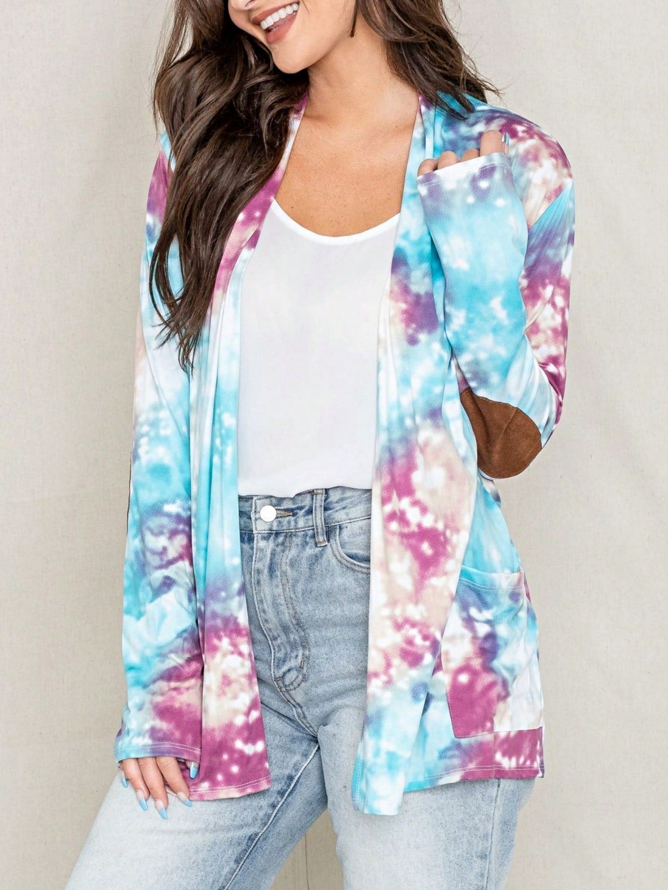 Boho Vintage 90's Plaid Stripe Tie Dye  Elbow Patch 60's Classic Slouch Cardigan With Pocket