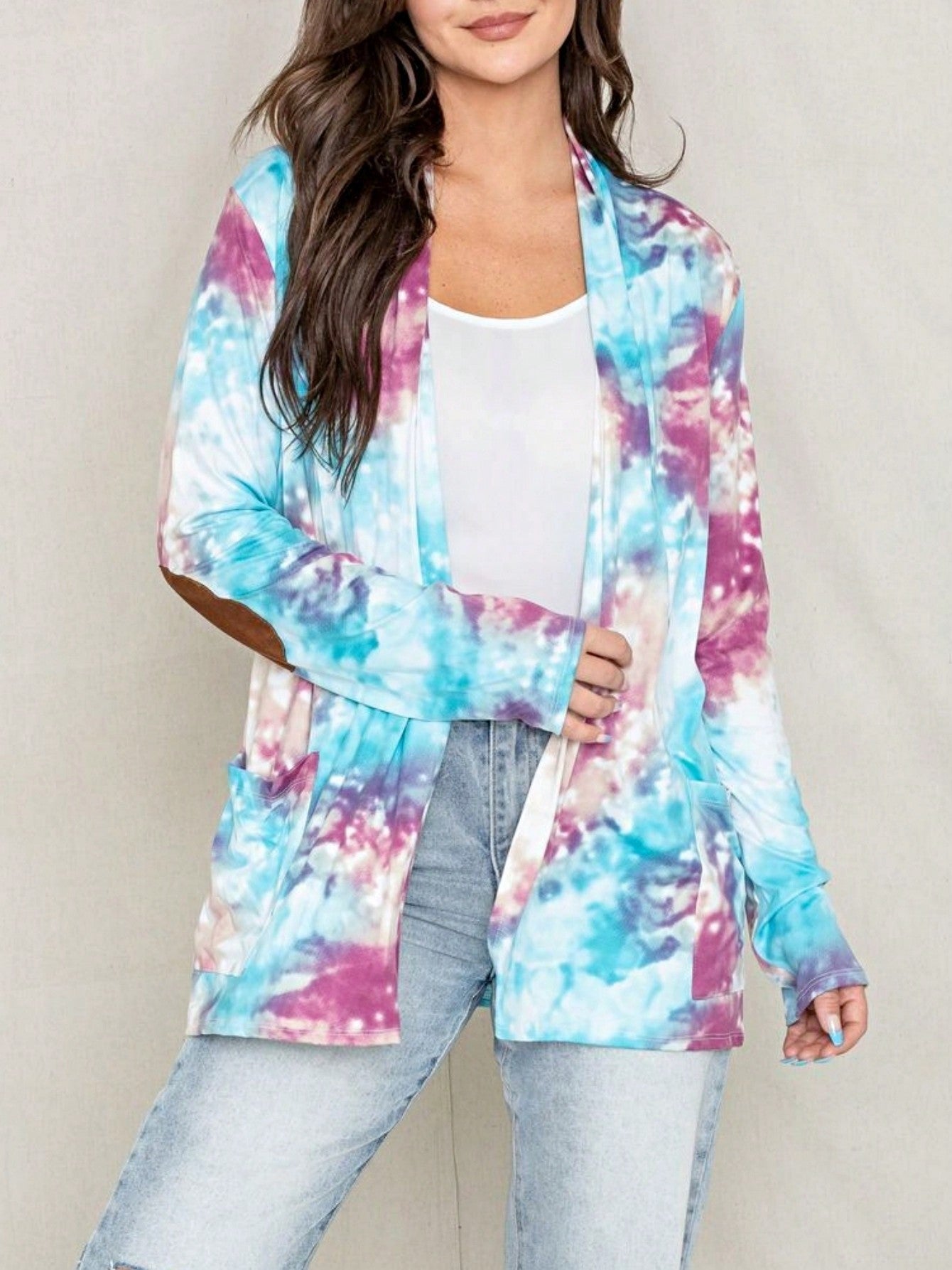 Boho Vintage 90's Plaid Stripe Tie Dye  Elbow Patch 60's Classic Slouch Cardigan With Pocket