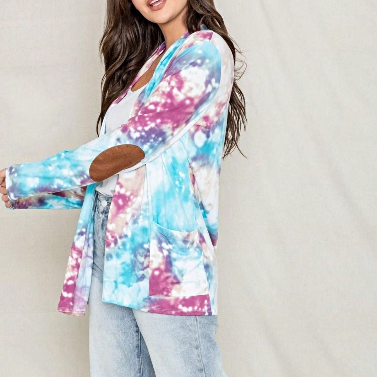 Boho Vintage 90's Plaid Stripe Tie Dye  Elbow Patch 60's Classic Slouch Cardigan With Pocket