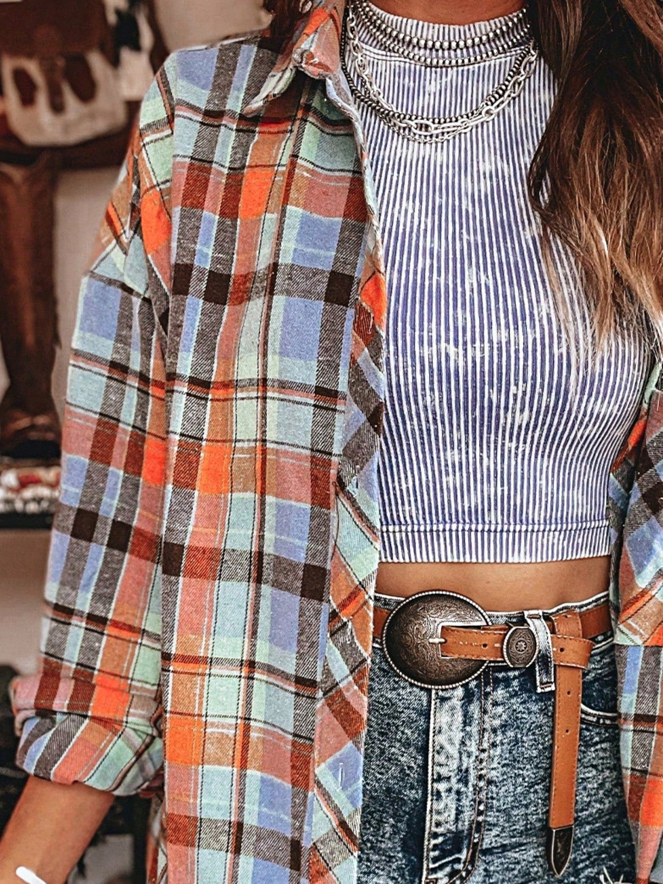 Boho Retro Button Up Vintage 90's Cotton Red Blue Plaid Print Drop Sleeve Loose Shirt Shacket