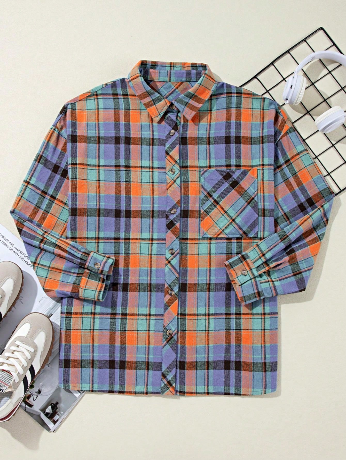 Boho Retro Button Up Vintage 90's Cotton Red Blue Plaid Print Drop Sleeve Loose Shirt Shacket
