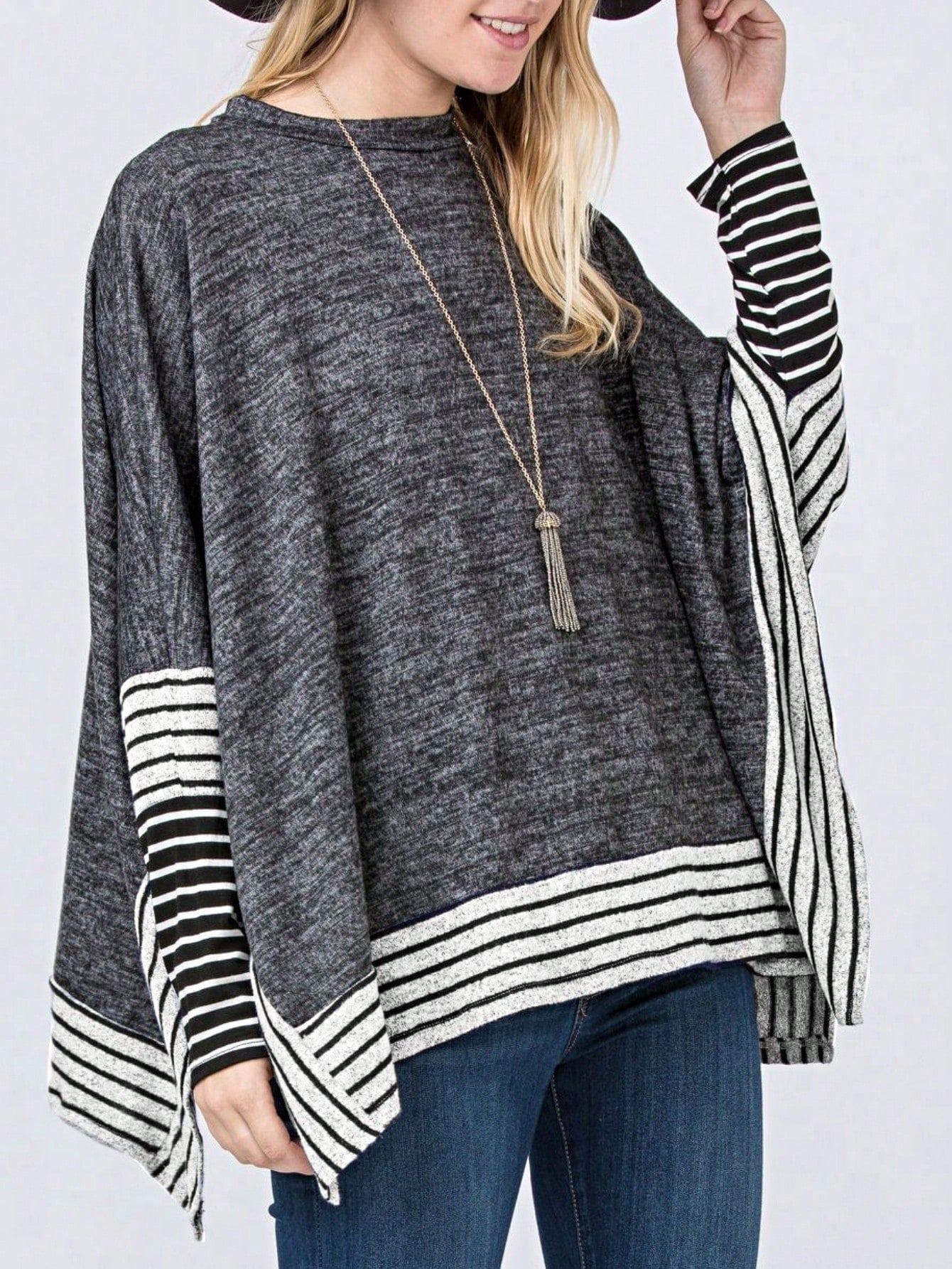 Boho Retro 90's Vintage Black Round Cowl Draped Neck Nordic Dolman Batwing Sleeve Poncho Cape Tunic Top Sweater Pullover