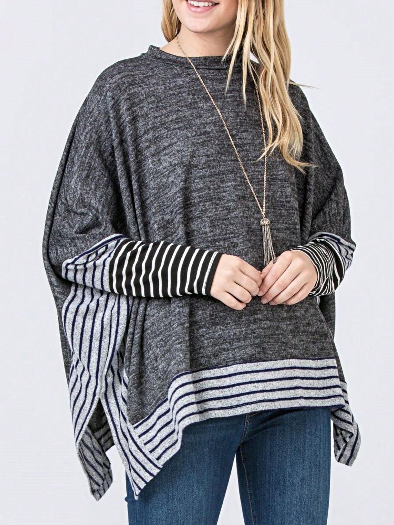 Boho Retro 90's Vintage Black Round Cowl Draped Neck Nordic Dolman Batwing Sleeve Poncho Cape Tunic Top Sweater Pullover