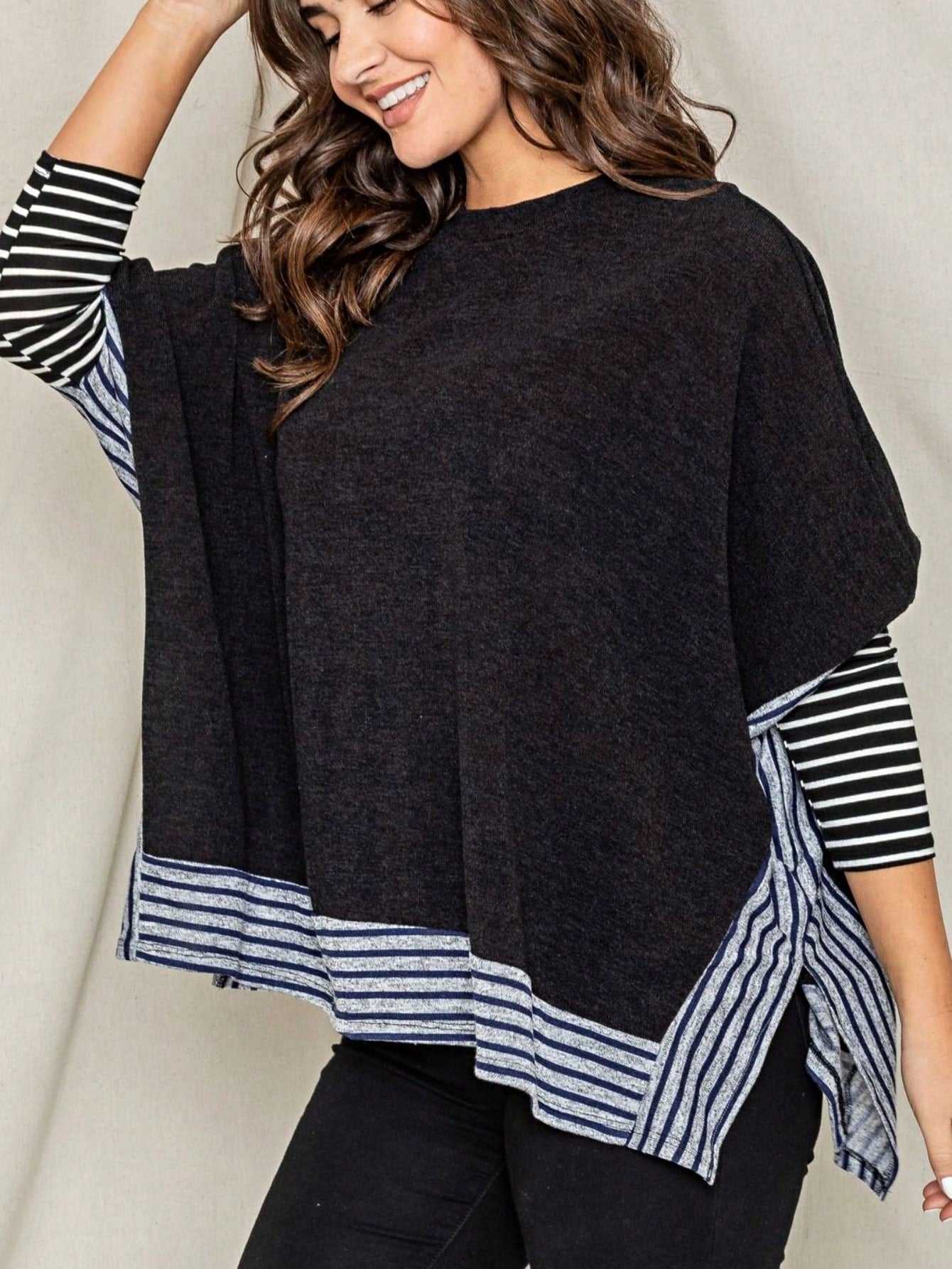 Boho Retro 90's Vintage Black Round Cowl Draped Neck Nordic Dolman Batwing Sleeve Poncho Cape Tunic Top Sweater Pullover