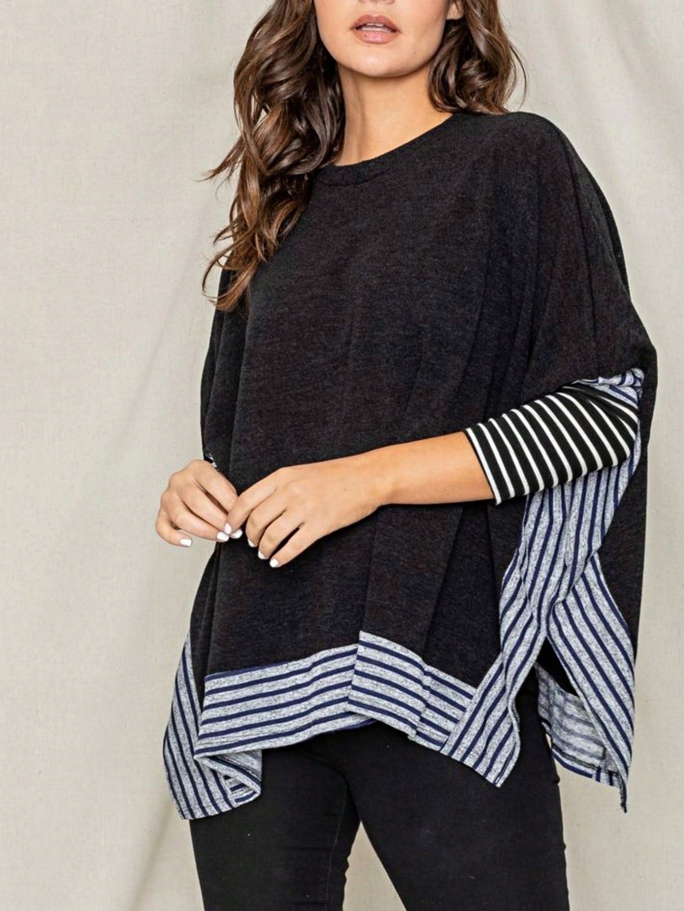 Boho Retro 90's Vintage Black Round Cowl Draped Neck Nordic Dolman Batwing Sleeve Poncho Cape Tunic Top Sweater Pullover
