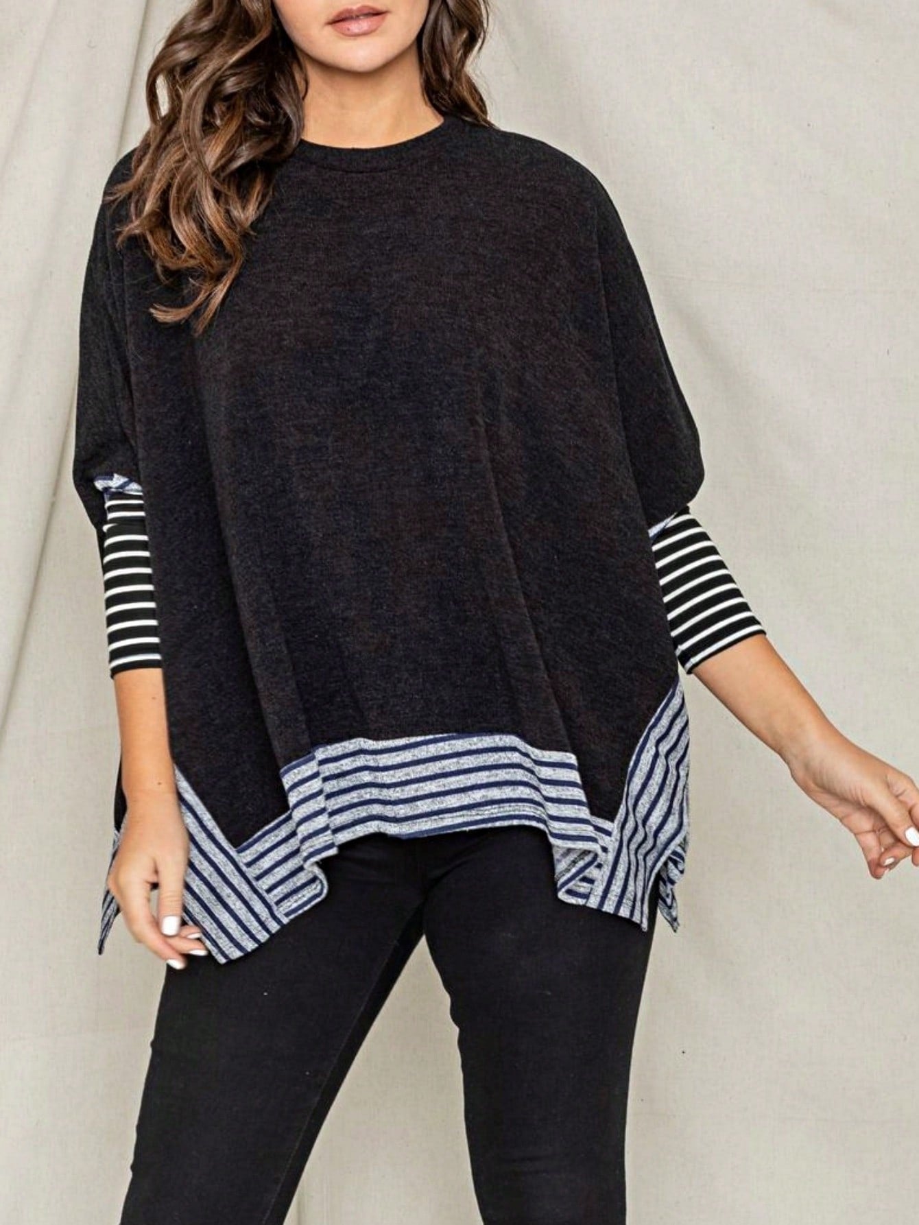 Boho Retro 90's Vintage Black Round Cowl Draped Neck Nordic Dolman Batwing Sleeve Poncho Cape Tunic Top Sweater Pullover
