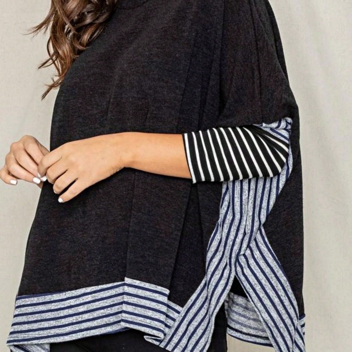Boho Retro 90's Vintage Black Round Cowl Draped Neck Nordic Dolman Batwing Sleeve Poncho Cape Tunic Top Sweater Pullover