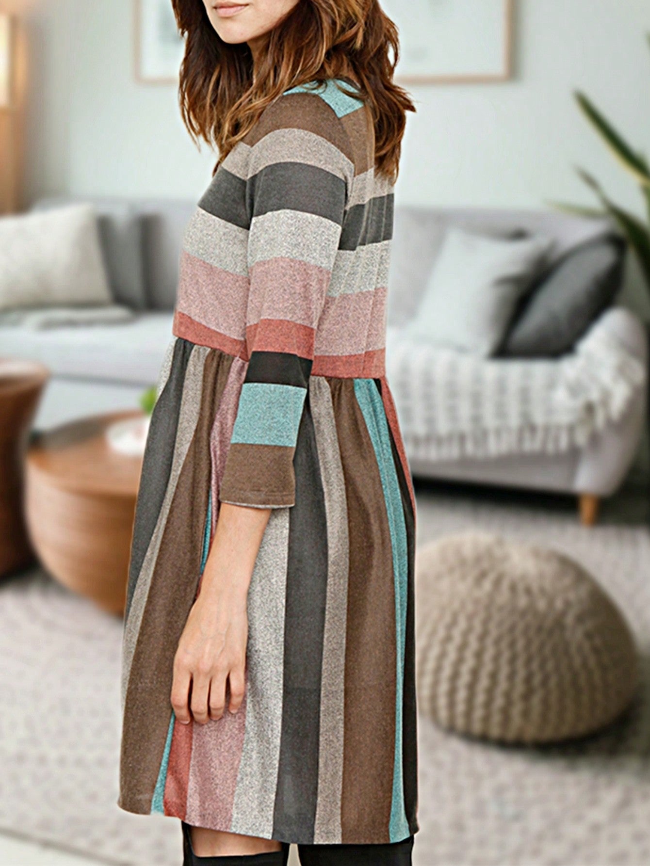 Boho Retro 70's 90's  Knit Brushed Ruffle Tiered Color Block Stripe Tunic Dress