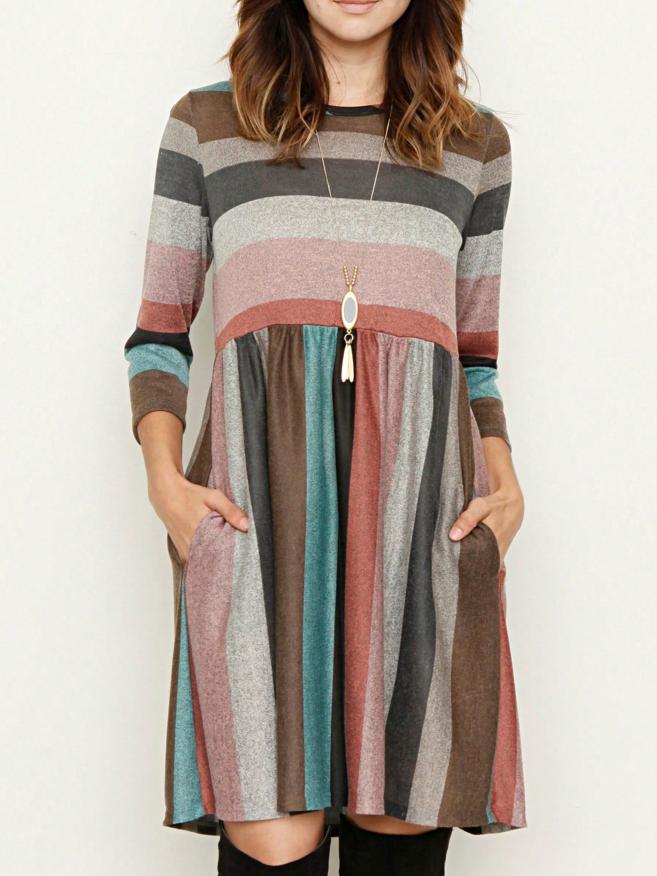 Boho Retro 70's 90's  Knit Brushed Ruffle Tiered Color Block Stripe Tunic Dress