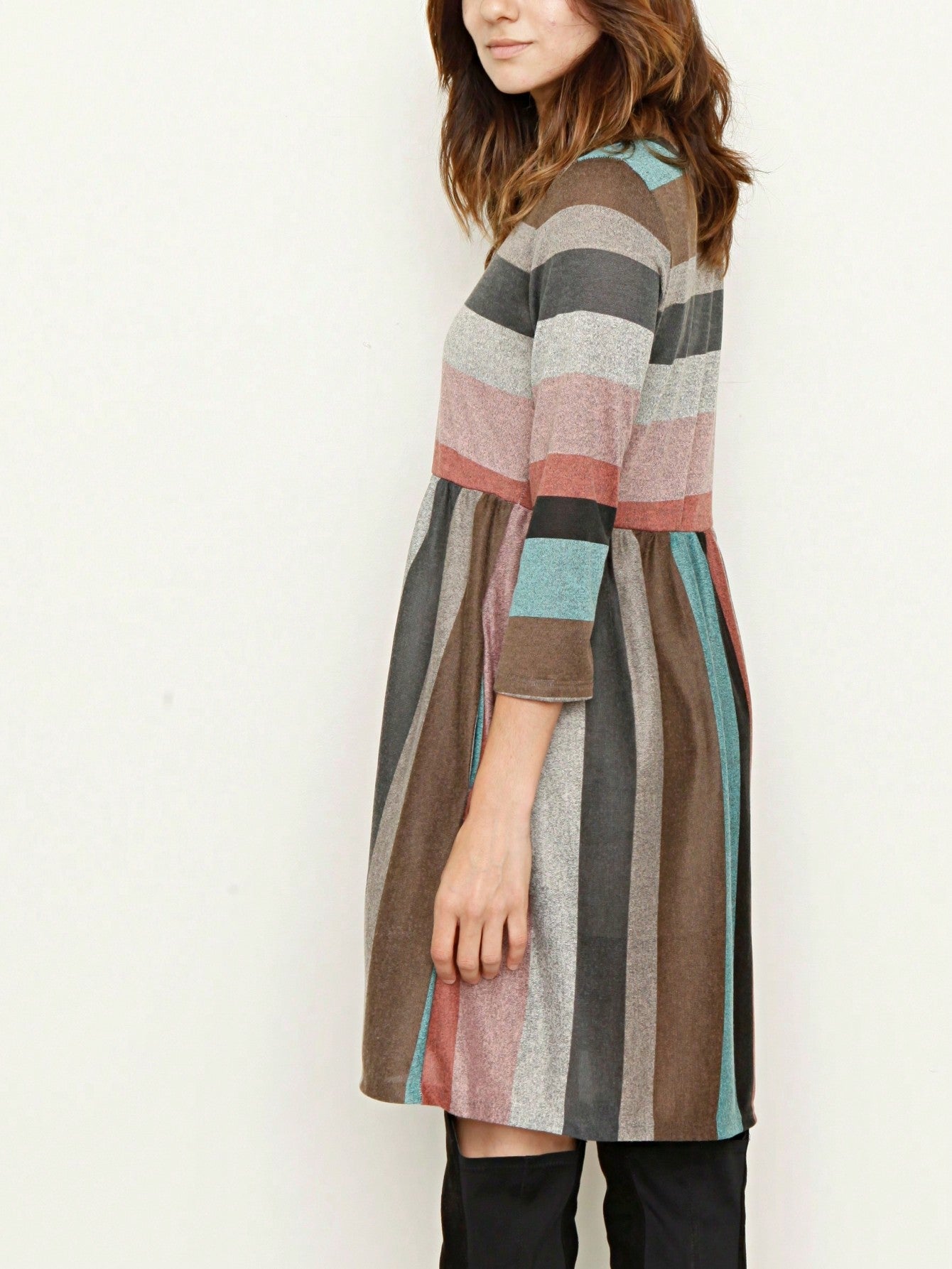 Boho Retro 70's 90's  Knit Brushed Ruffle Tiered Color Block Stripe Tunic Dress