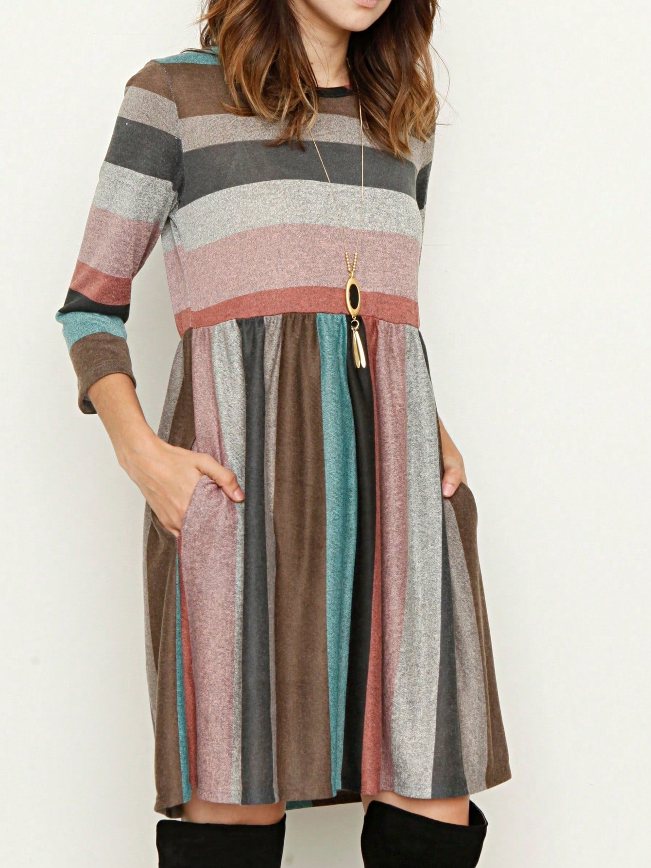 Boho Retro 70's 90's  Knit Brushed Ruffle Tiered Color Block Stripe Tunic Dress