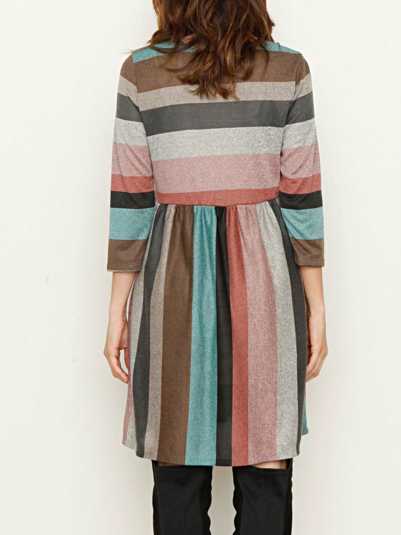 Boho Retro 70's 90's  Knit Brushed Ruffle Tiered Color Block Stripe Tunic Dress