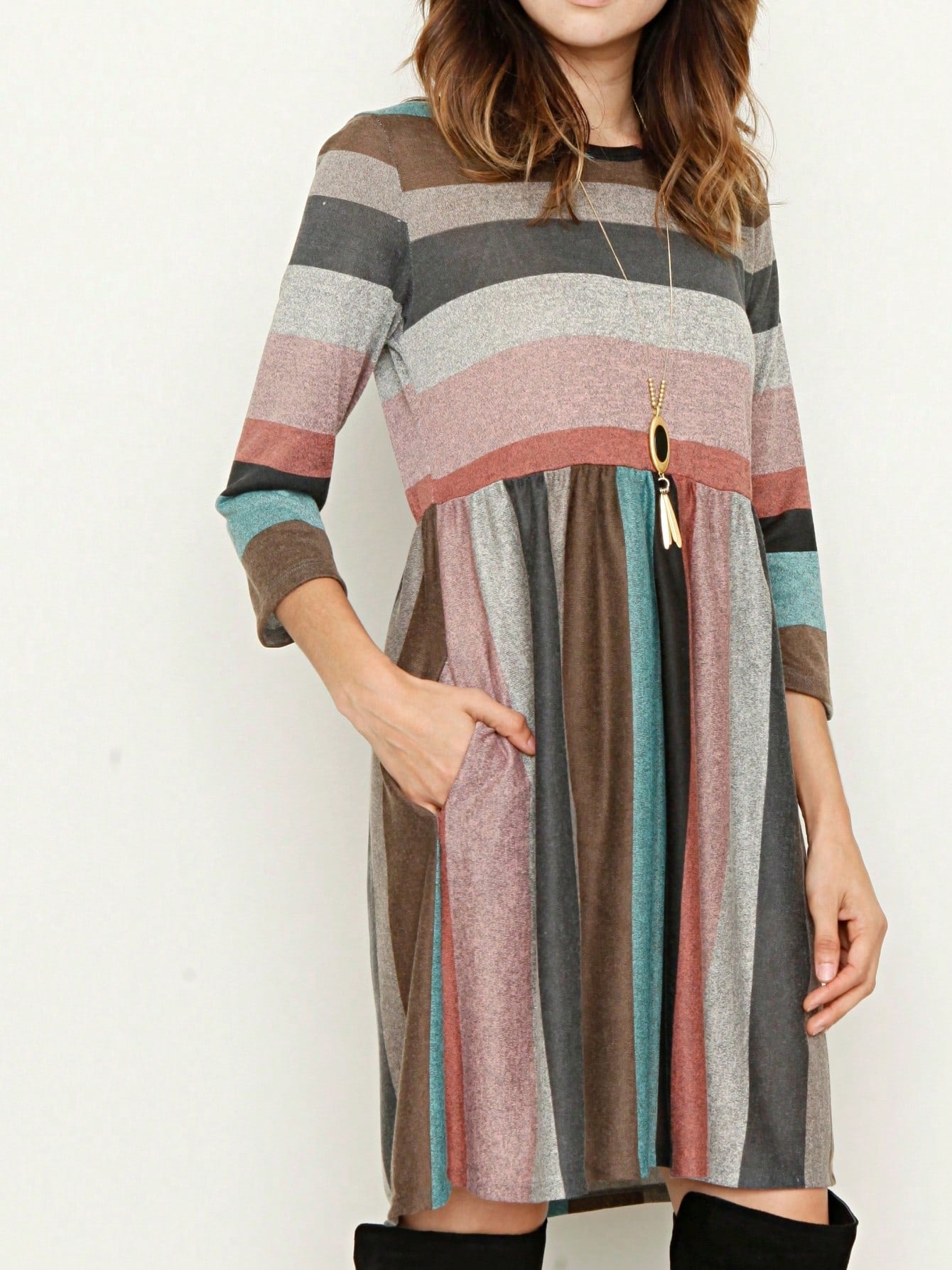 Boho Retro 70's 90's  Knit Brushed Ruffle Tiered Color Block Stripe Tunic Dress