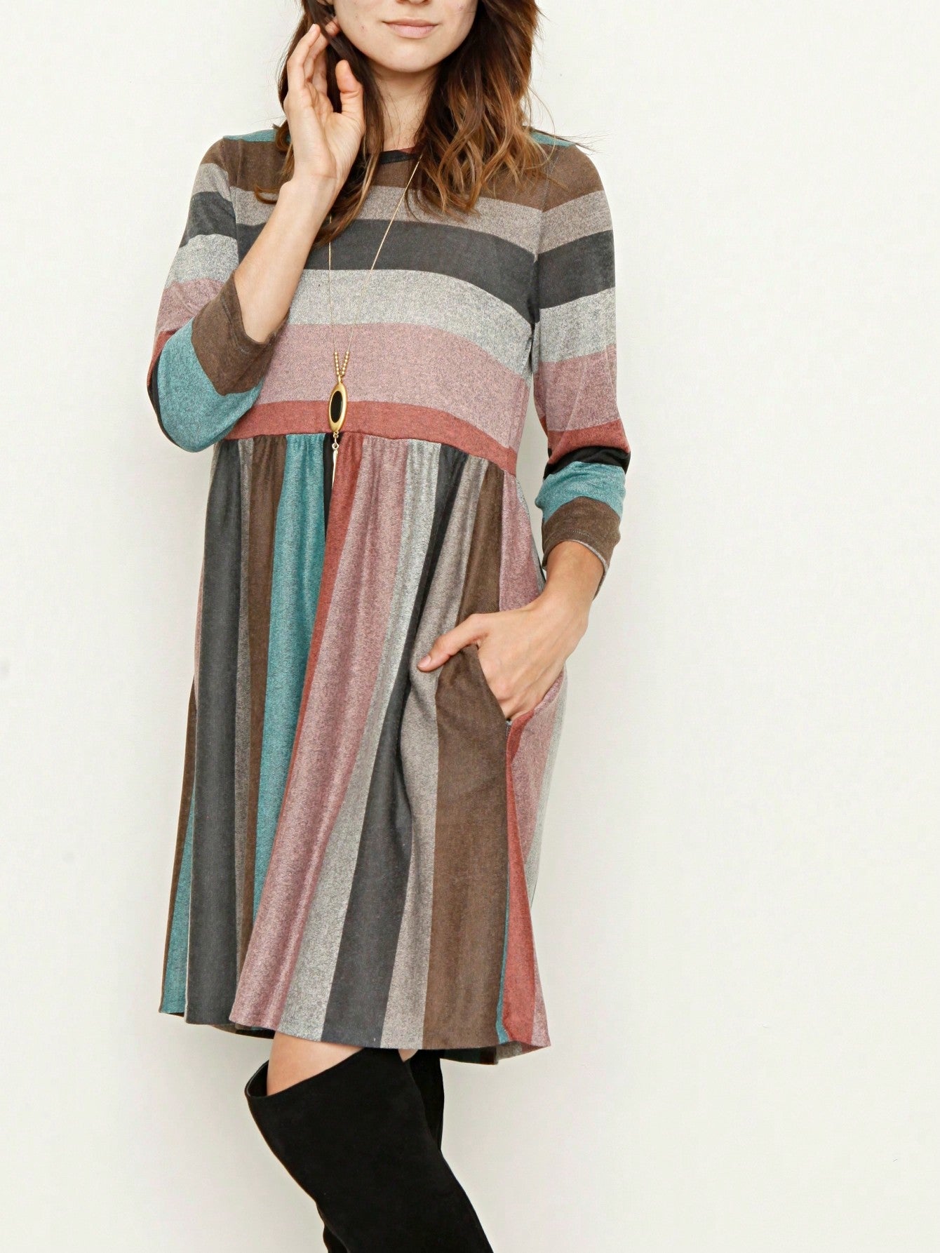 Boho Retro 70's 90's  Knit Brushed Ruffle Tiered Color Block Stripe Tunic Dress