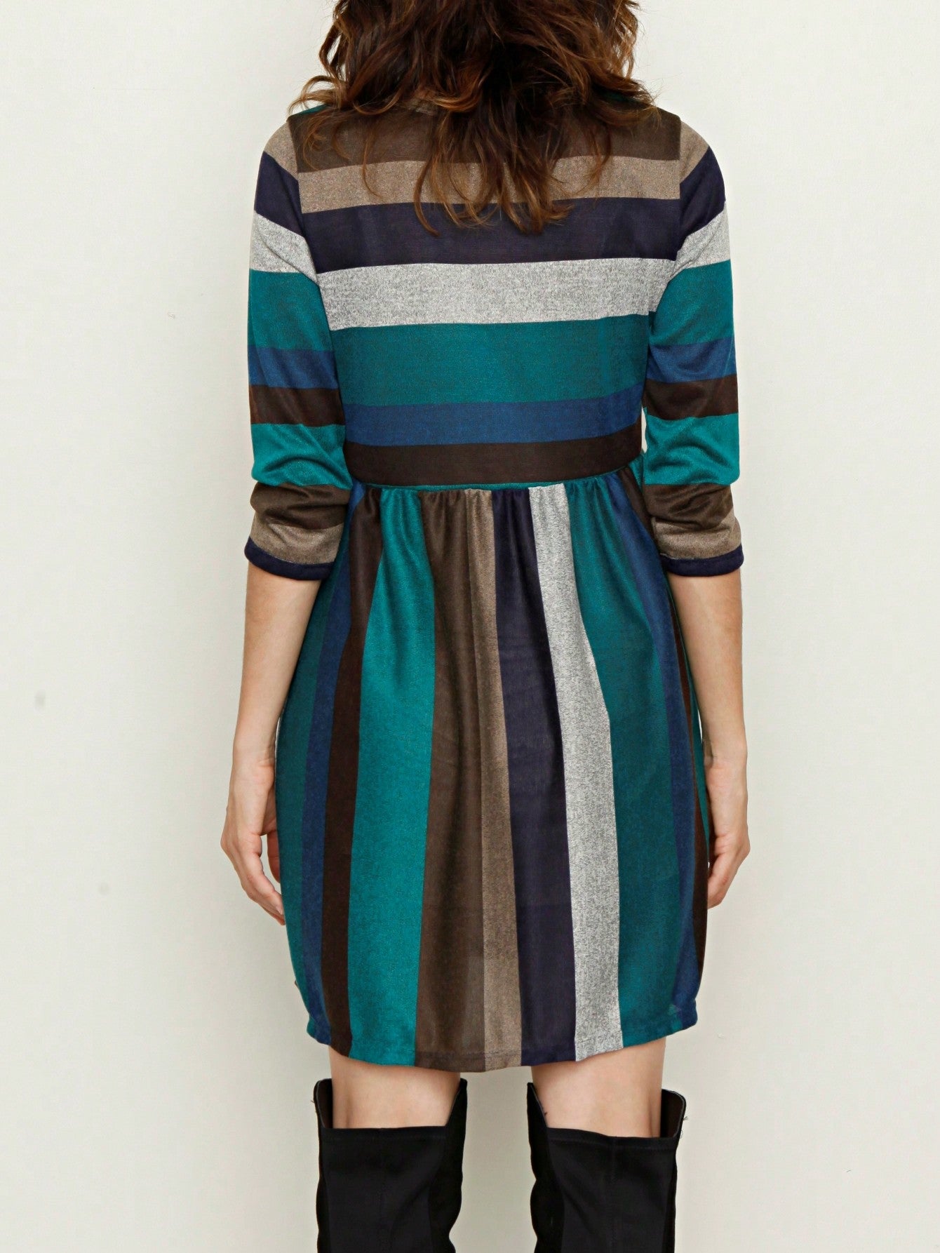 Boho Retro 70's 90's  Knit Brushed Ruffle Tiered Color Block Stripe Tunic Dress