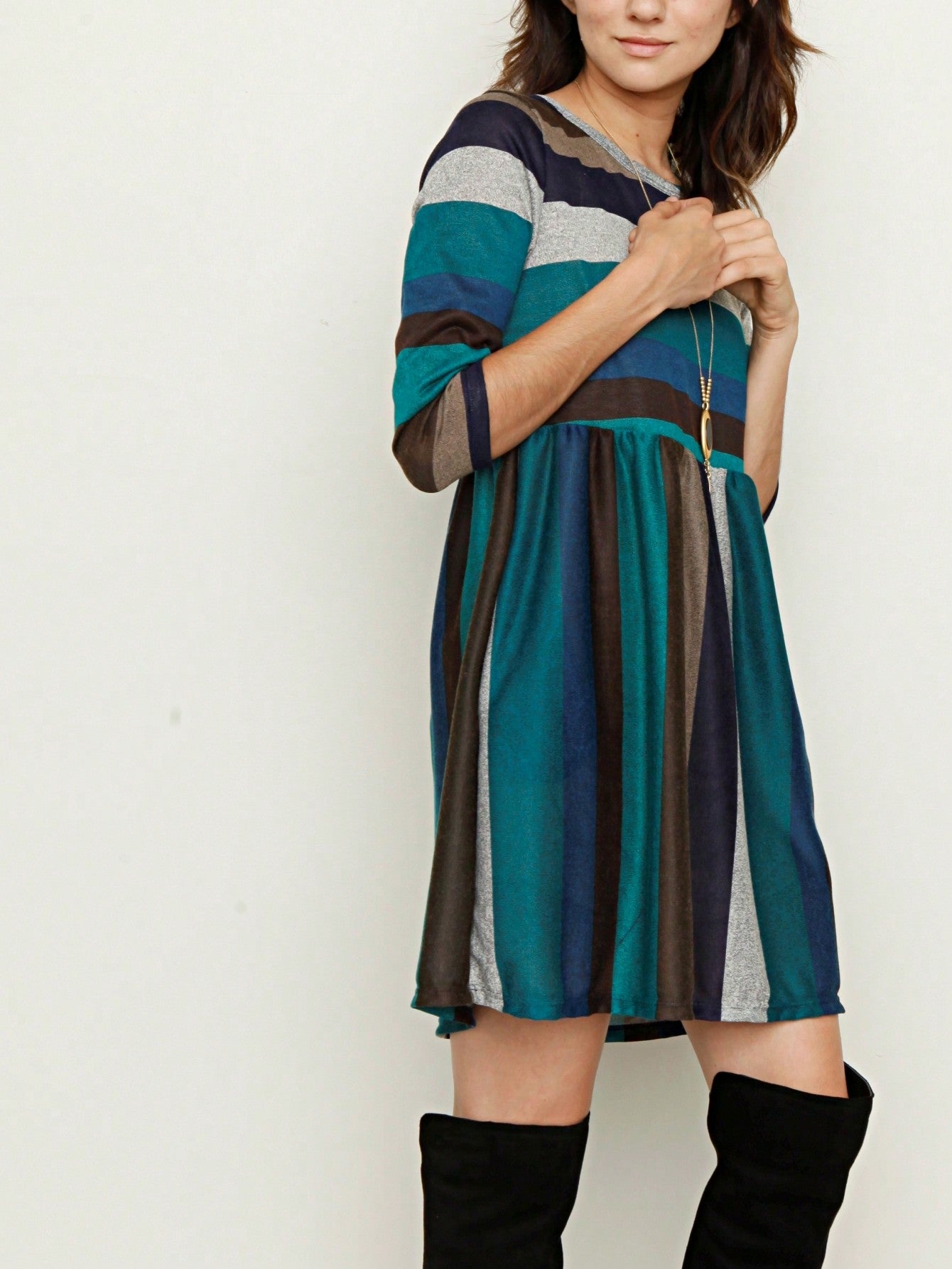 Boho Retro 70's 90's  Knit Brushed Ruffle Tiered Color Block Stripe Tunic Dress