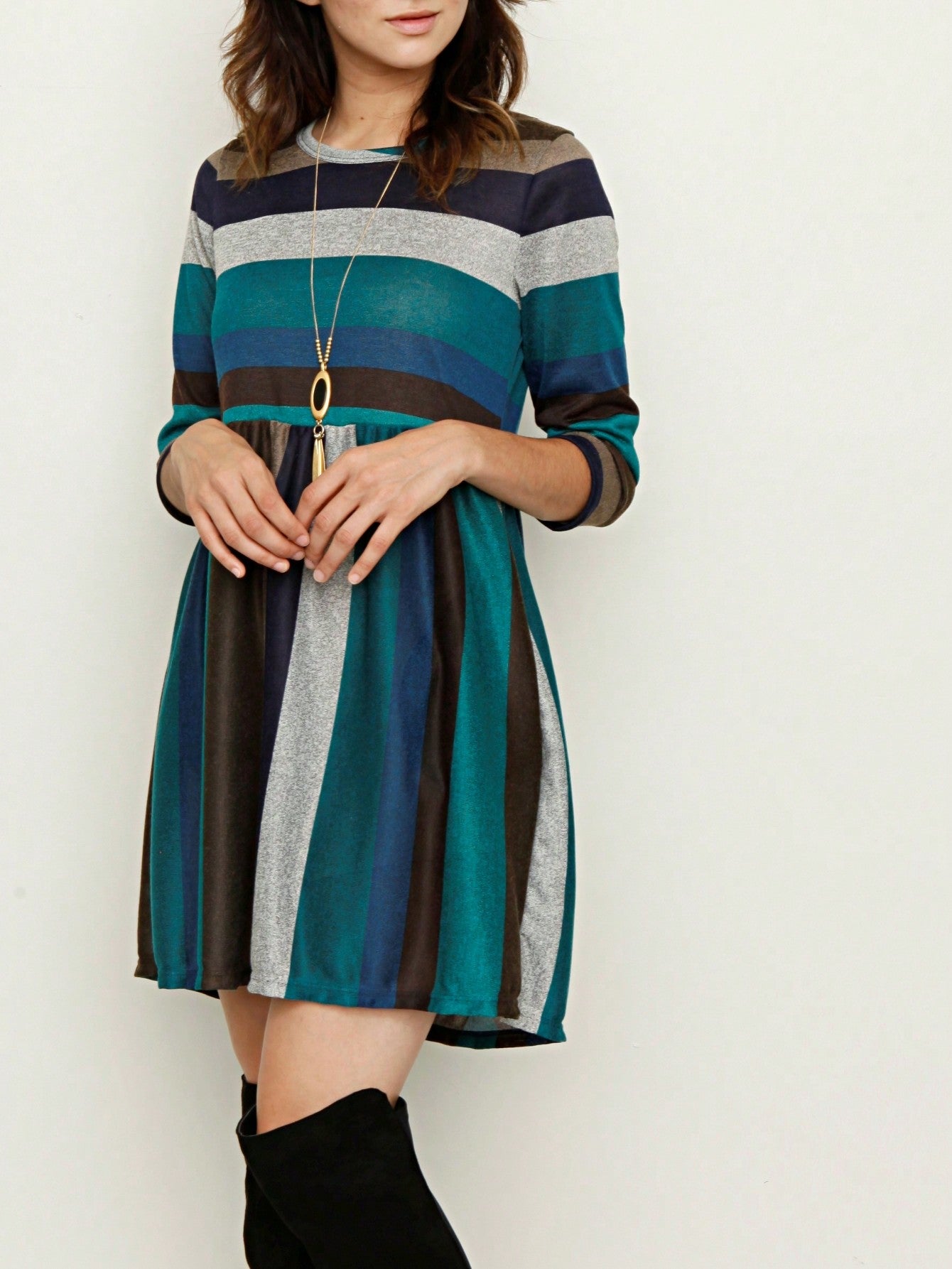 Boho Retro 70's 90's  Knit Brushed Ruffle Tiered Color Block Stripe Tunic Dress