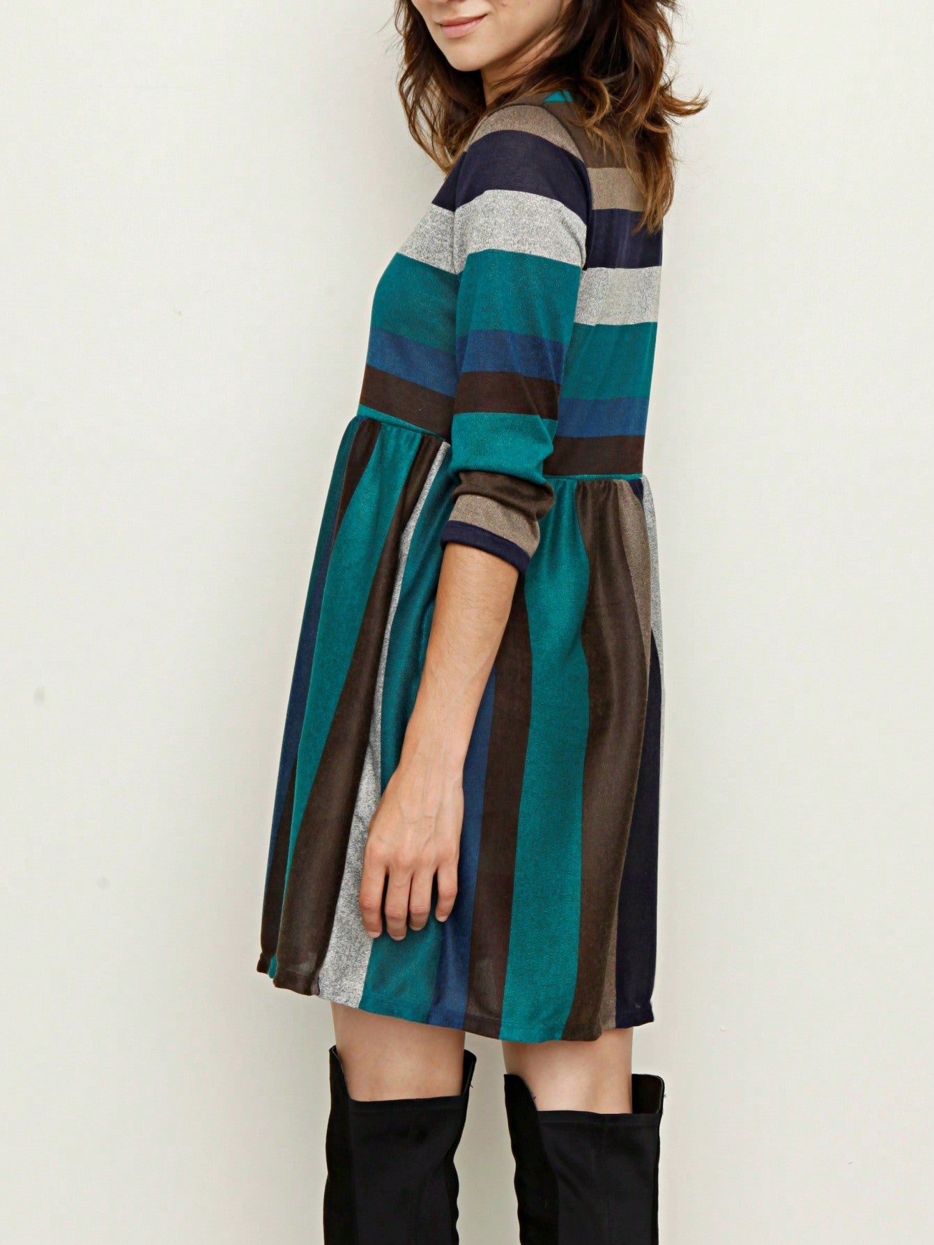 Boho Retro 70's 90's  Knit Brushed Ruffle Tiered Color Block Stripe Tunic Dress