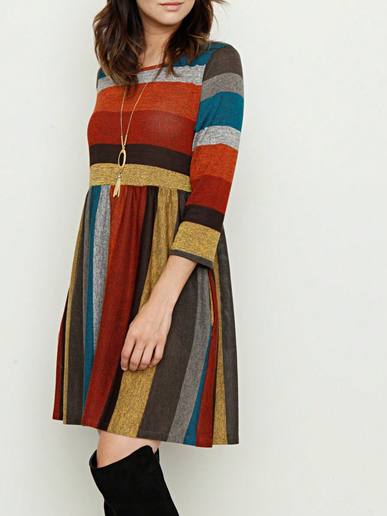 Boho Retro 70's 90's  Knit Brushed Ruffle Tiered Color Block Stripe Tunic Dress