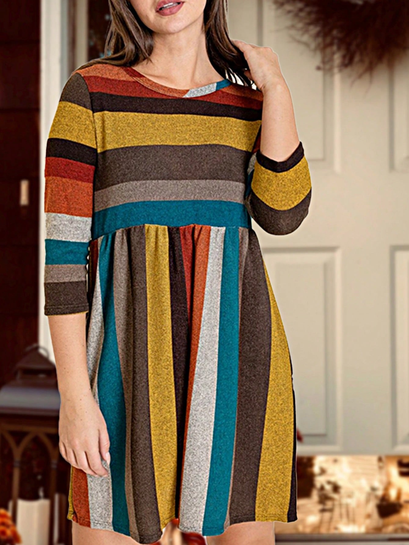 Boho Retro 70's 90's  Knit Brushed Ruffle Tiered Color Block Stripe Tunic Dress
