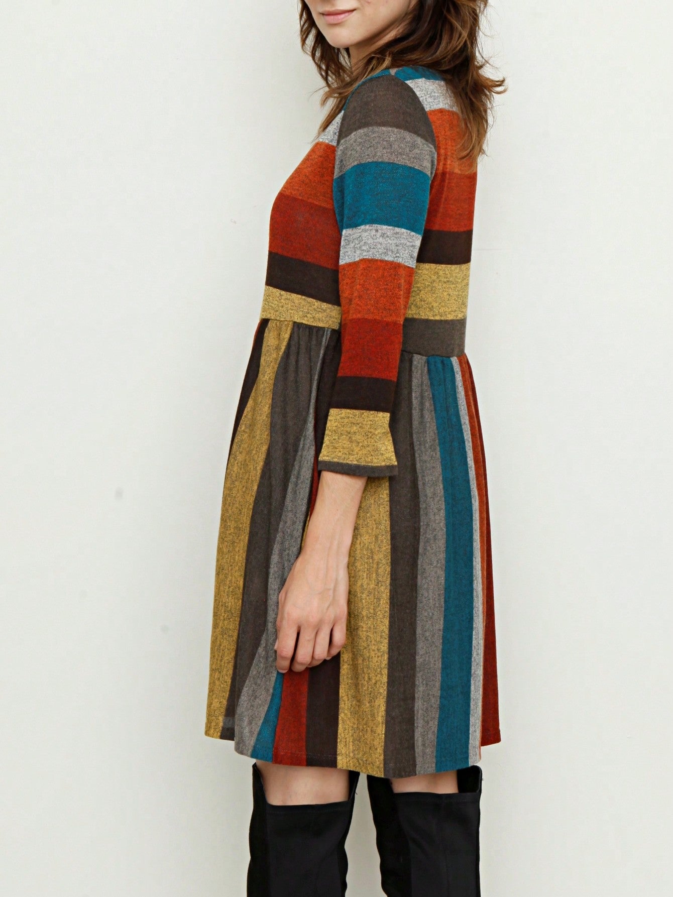 Boho Retro 70's 90's  Knit Brushed Ruffle Tiered Color Block Stripe Tunic Dress