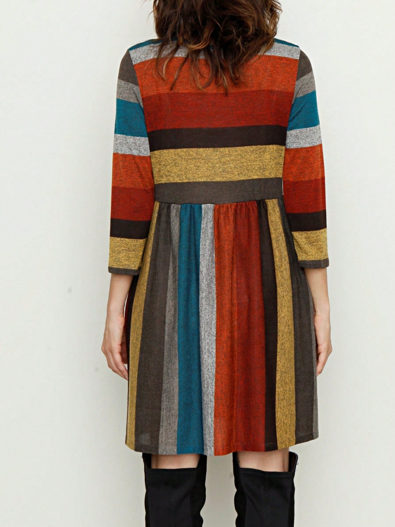 Boho Retro 70's 90's  Knit Brushed Ruffle Tiered Color Block Stripe Tunic Dress