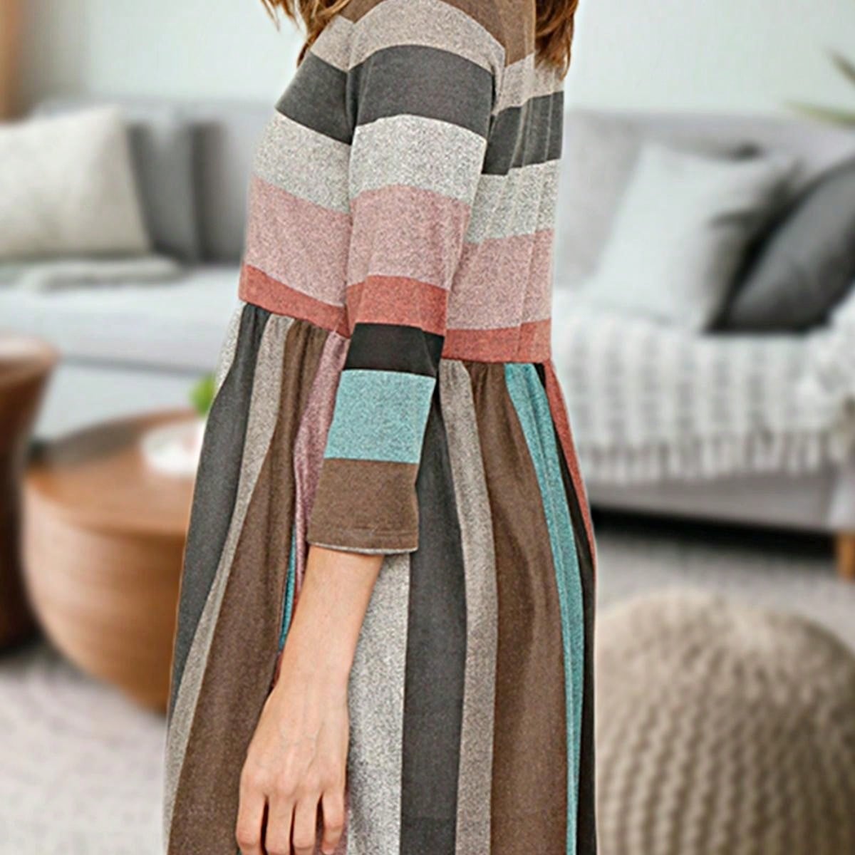 Boho Retro 70's 90's  Knit Brushed Ruffle Tiered Color Block Stripe Tunic Dress