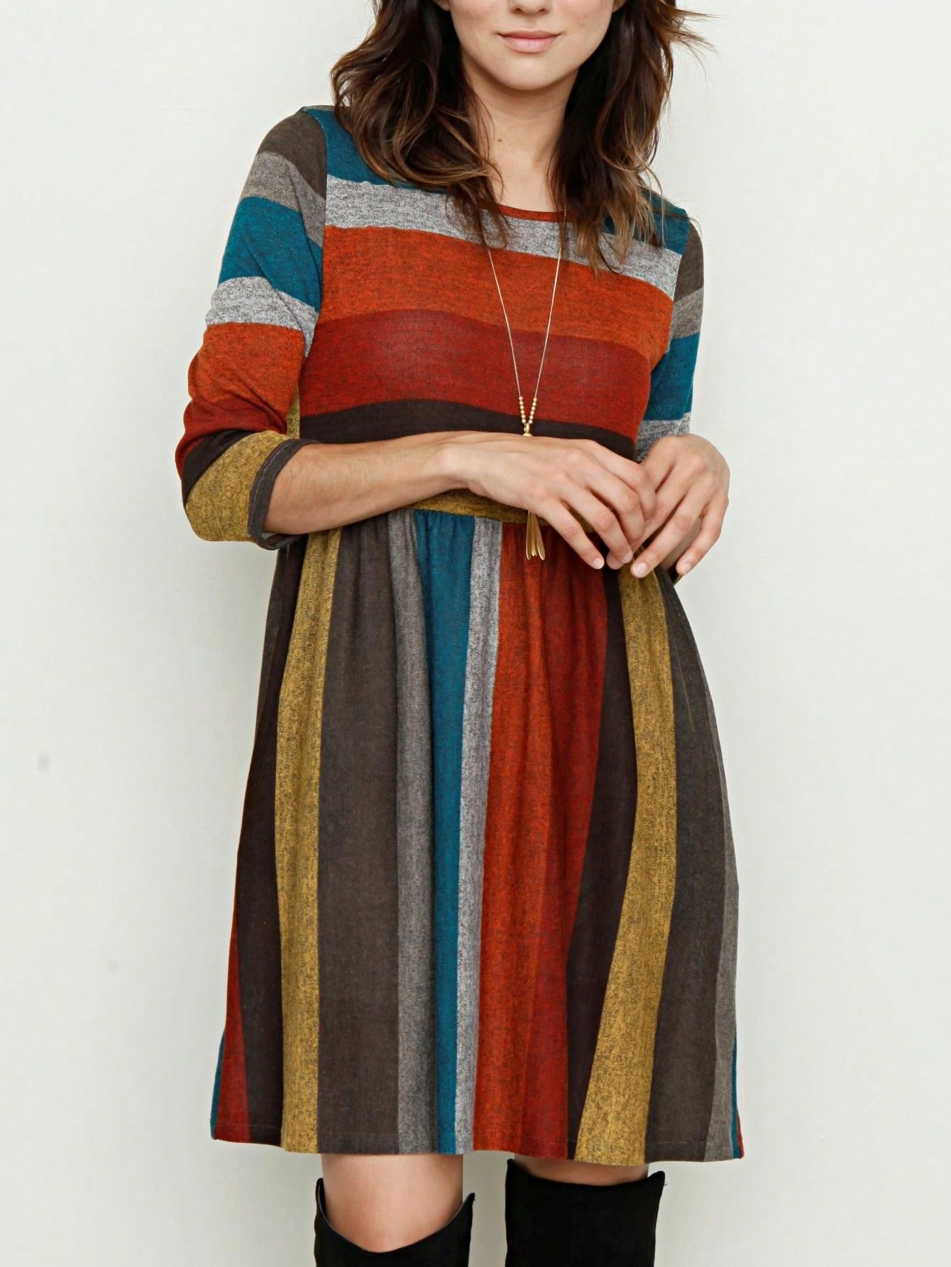 Boho Retro 70's 90's  Knit Brushed Ruffle Tiered Color Block Stripe Tunic Dress