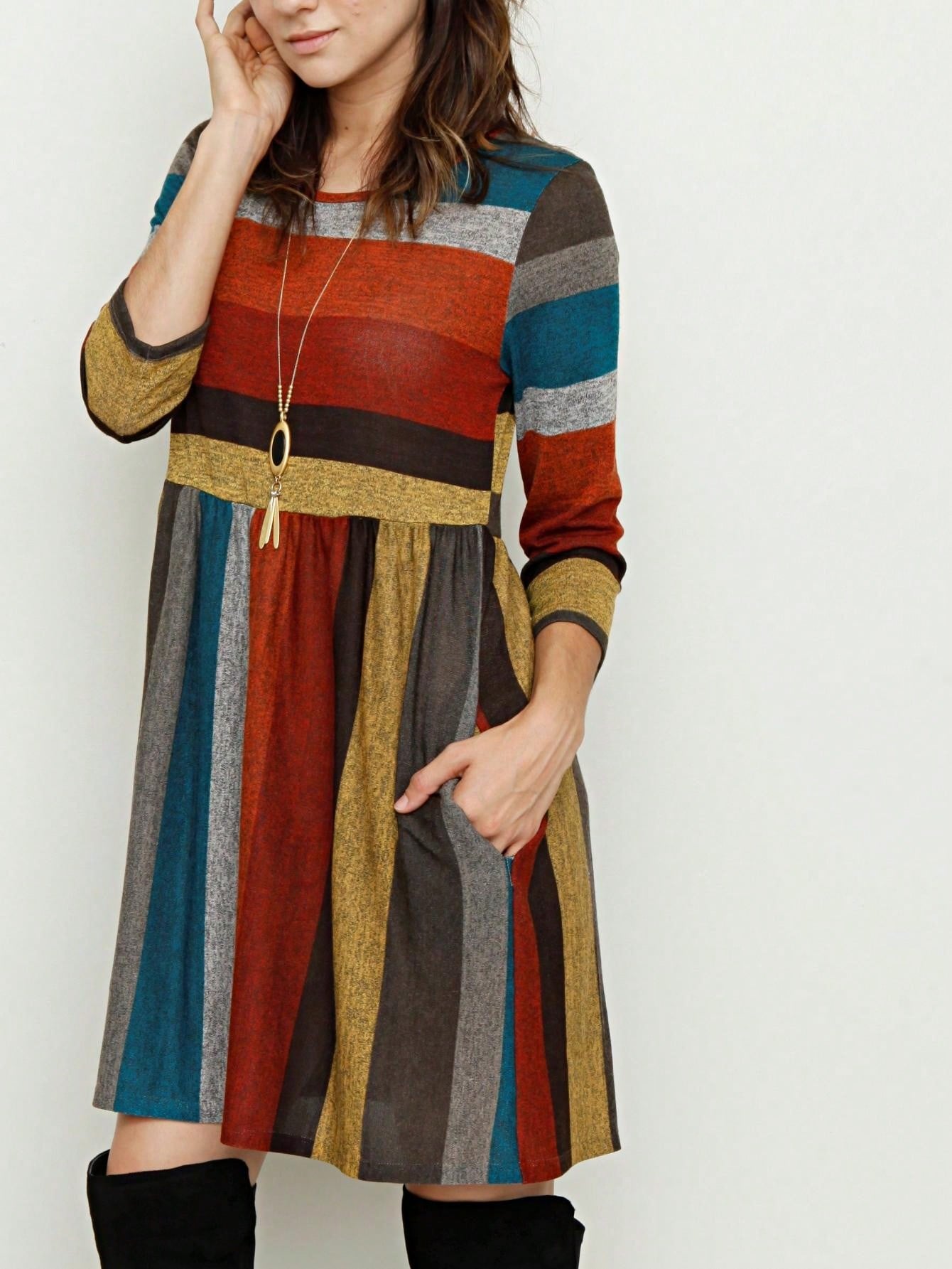Boho Retro 70's 90's  Knit Brushed Ruffle Tiered Color Block Stripe Tunic Dress