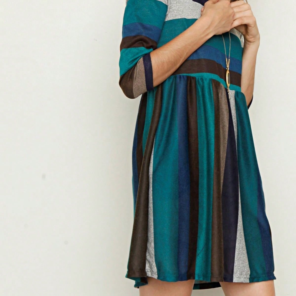 Boho Retro 70's 90's  Knit Brushed Ruffle Tiered Color Block Stripe Tunic Dress