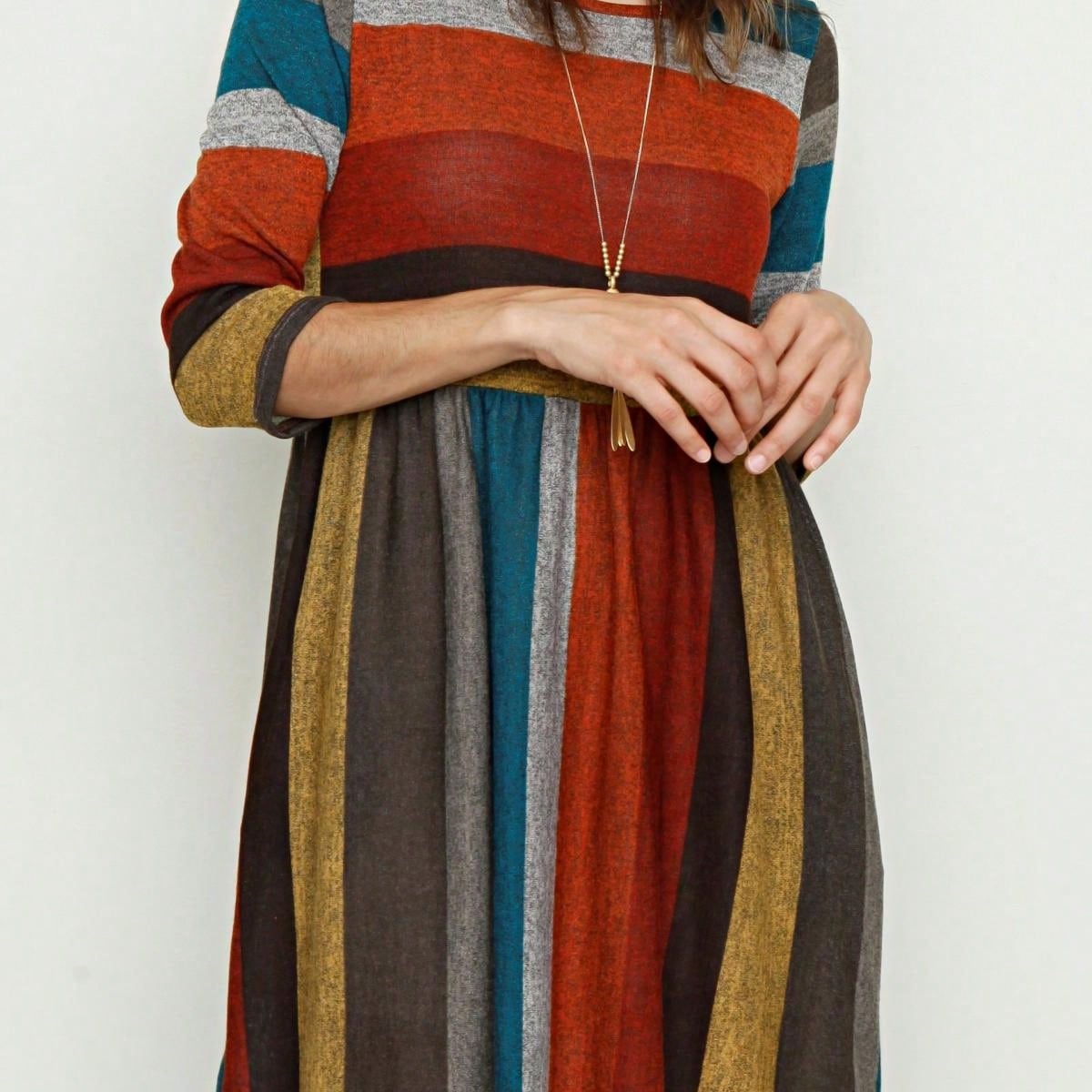 Boho Retro 70's 90's  Knit Brushed Ruffle Tiered Color Block Stripe Tunic Dress