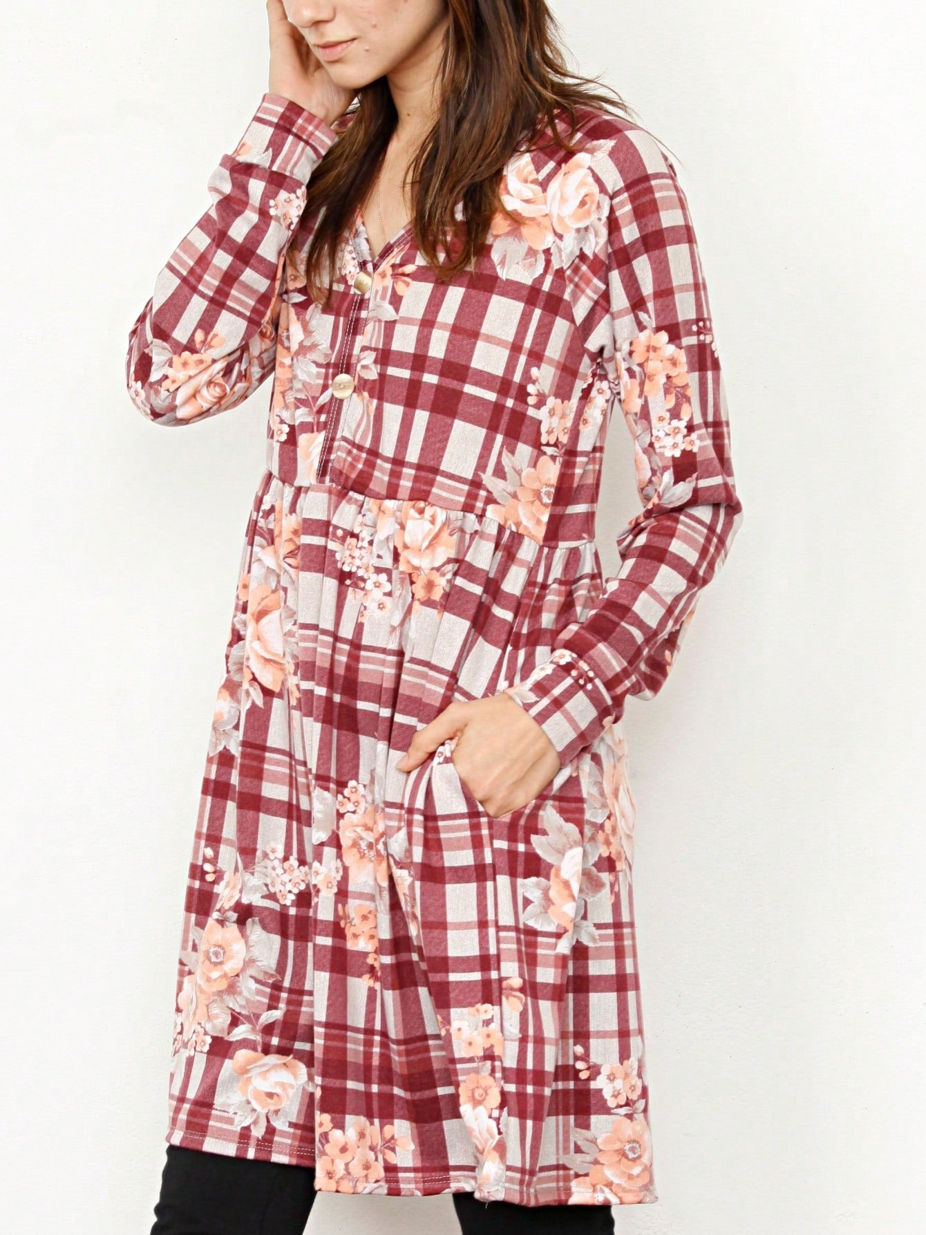 Boho Retro Stripe Plaid  Notch Neck Tab Sleeve  2K Shirt Tunic Shirt