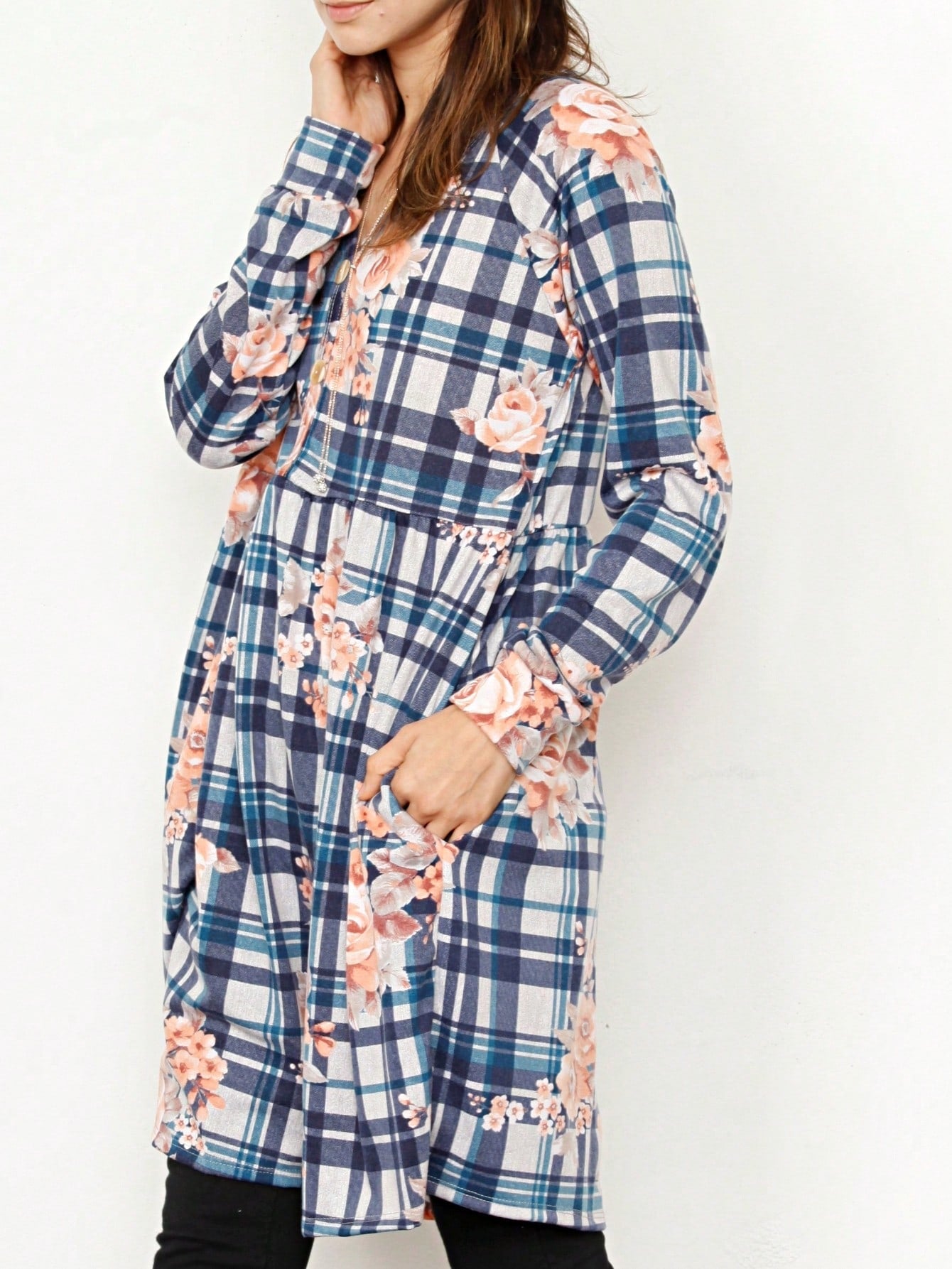 Boho Retro Stripe Plaid  Notch Neck Tab Sleeve  2K Shirt Tunic Shirt