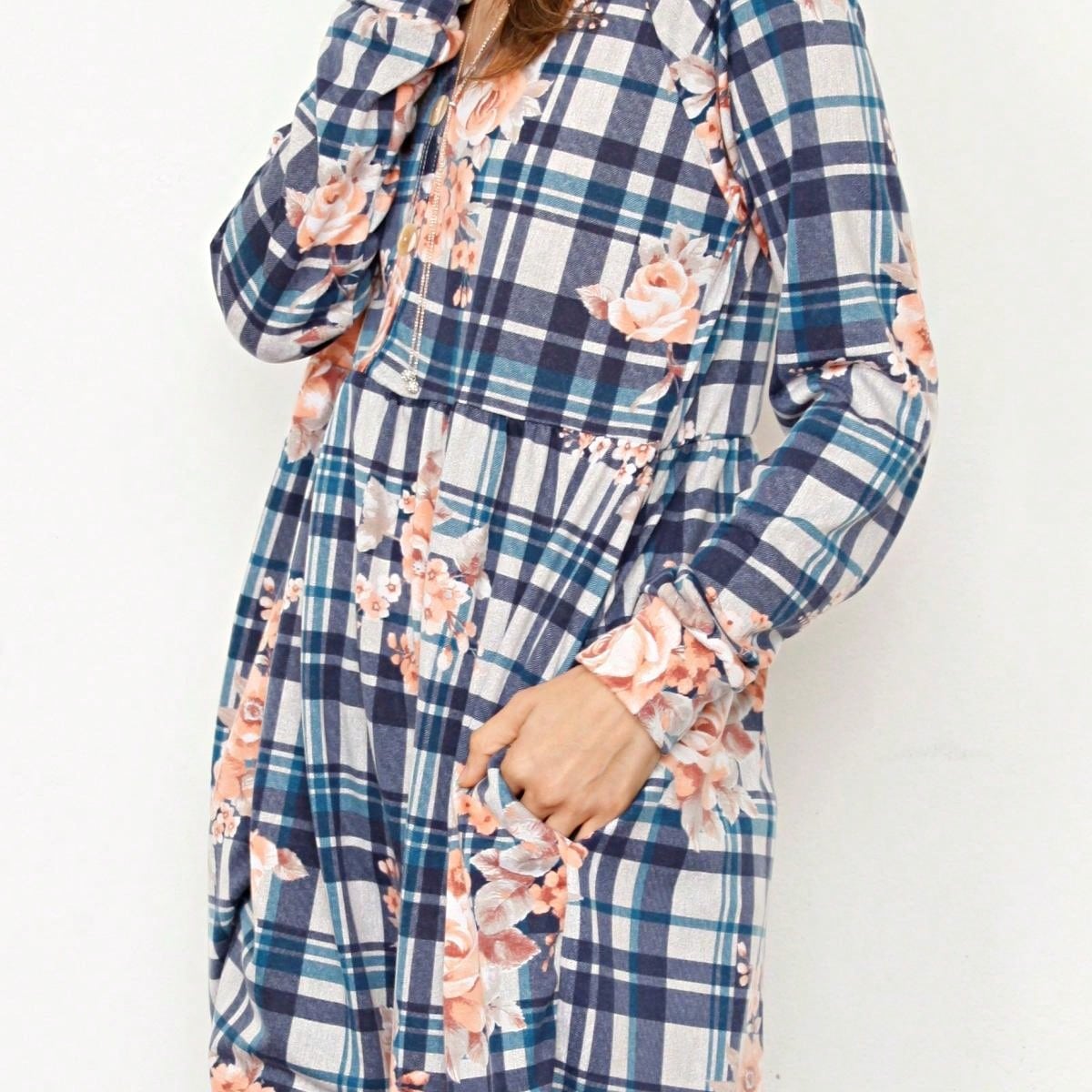 Boho Retro Stripe Plaid  Notch Neck Tab Sleeve  2K Shirt Tunic Shirt