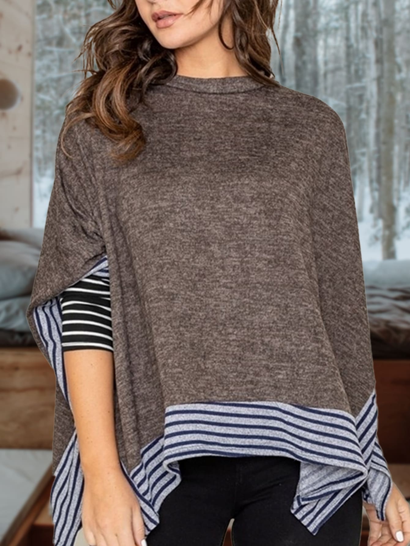 Boho Retro 90's Vintage Black Round Cowl Draped Neck Nordic Dolman Batwing Sleeve Poncho Cape Tunic Top Sweater Pullover