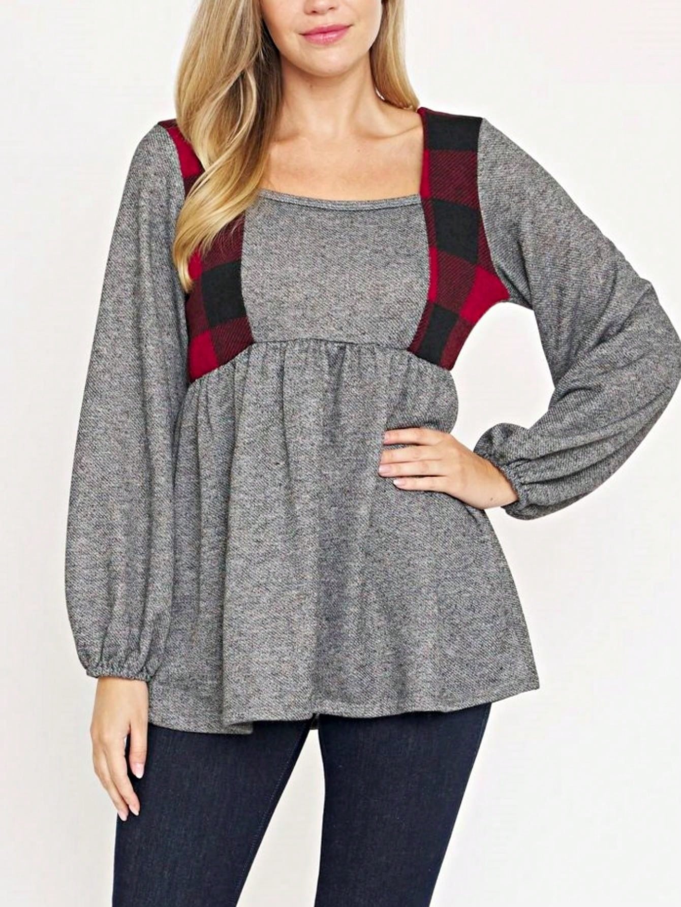 Boho Retro 90's Vintage Preppy Aline Baby Doll Checkered Cotton Top Blouse Cozy Plaid Fall Winter Tunic