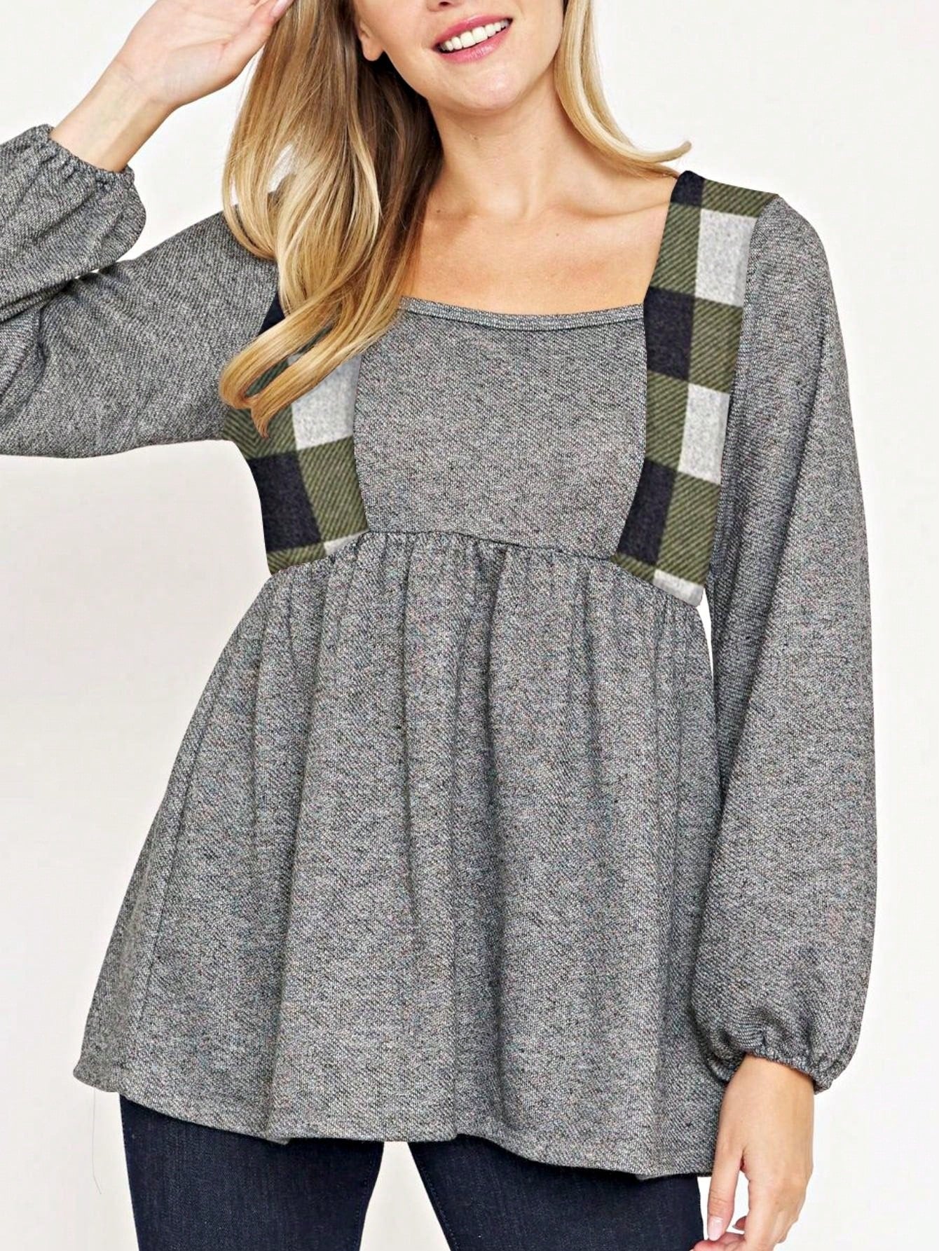 Boho Retro 90's Vintage Preppy Aline Baby Doll Checkered Cotton Top Blouse Cozy Plaid Fall Winter Tunic