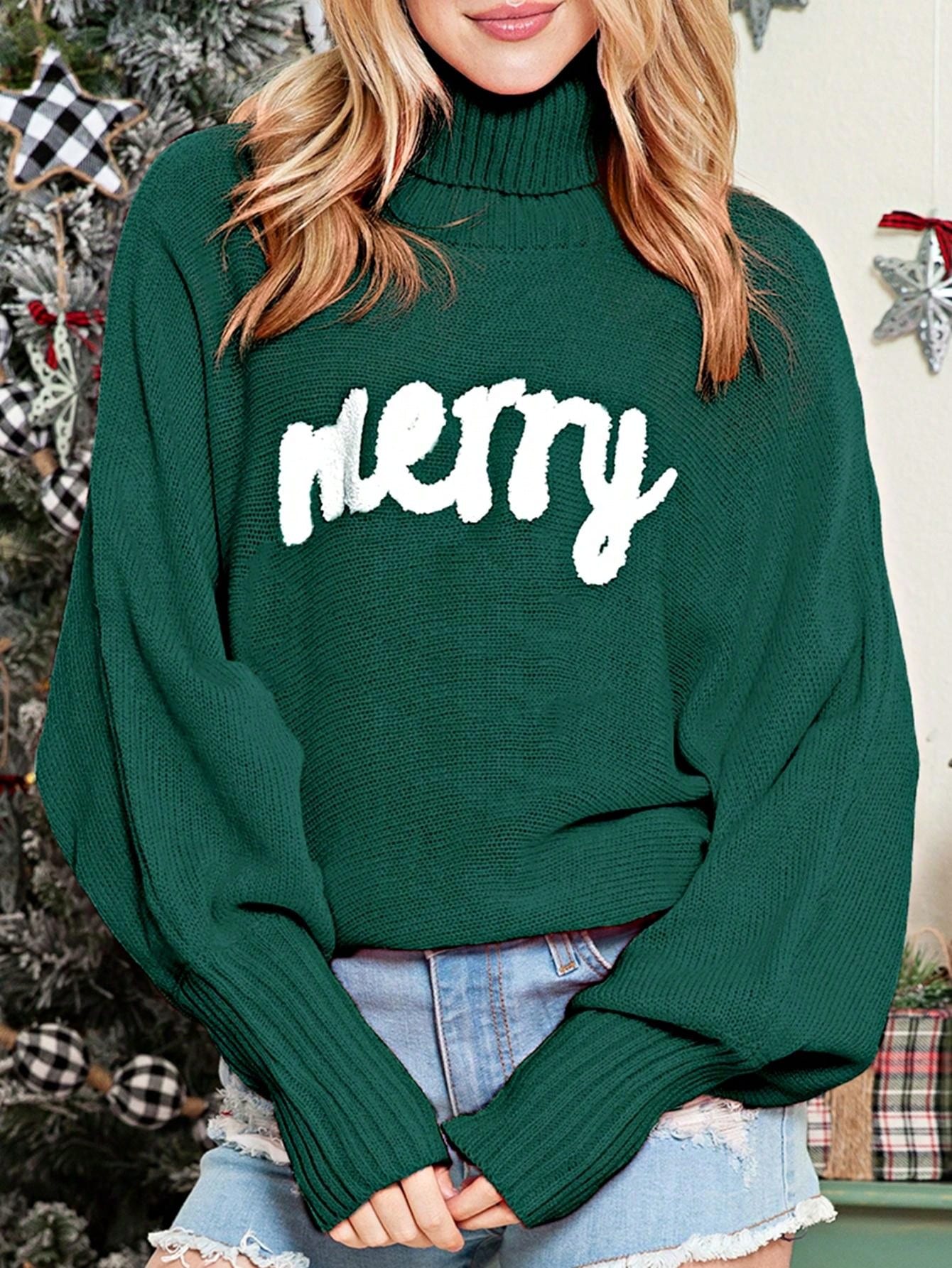 Boho Retro Vintage  90's  Drop Shoulder Dolman Sleeve Turtle Mock Neck Blue Green Pink Rose Stripe Merry Christmas Holly  Sweater Knit Top Pullover