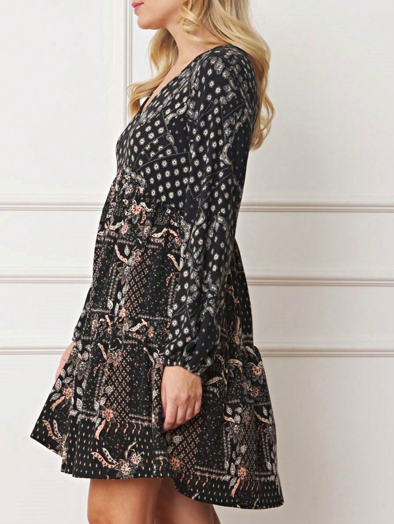 Boho Retro Half  Long Balloon Sleeve Ruffle Bell  Tiered Patch Work Flower Tiered Knit Dress